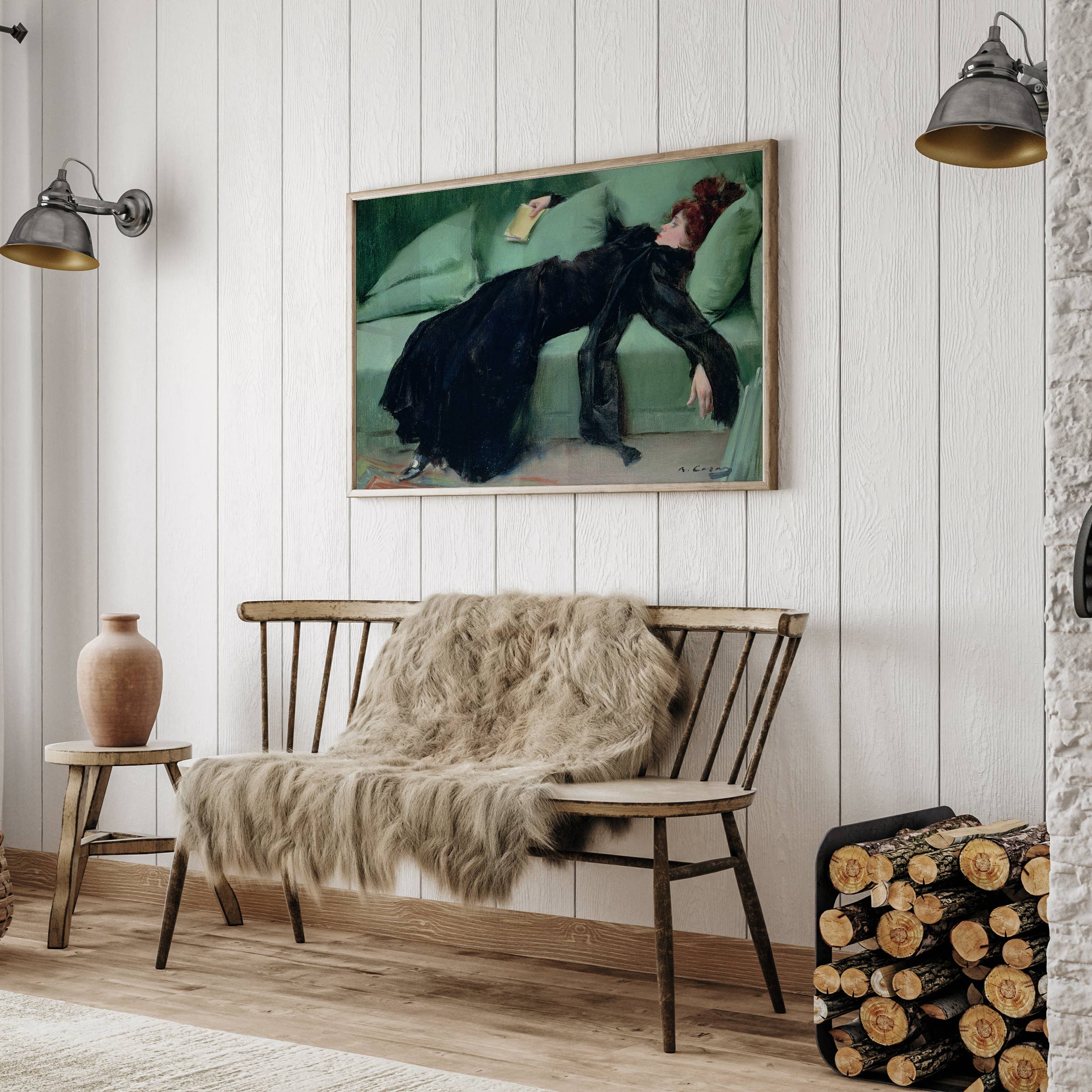 Dance the night away with this stunning art print of a young woman lounging after a dance. The contrast of her dark dress against the crazy comfy looking green couch makes for a striking artwork for any room. Perfect for adding a touch of elegance and whimsy to your home decor.&nbsp;
