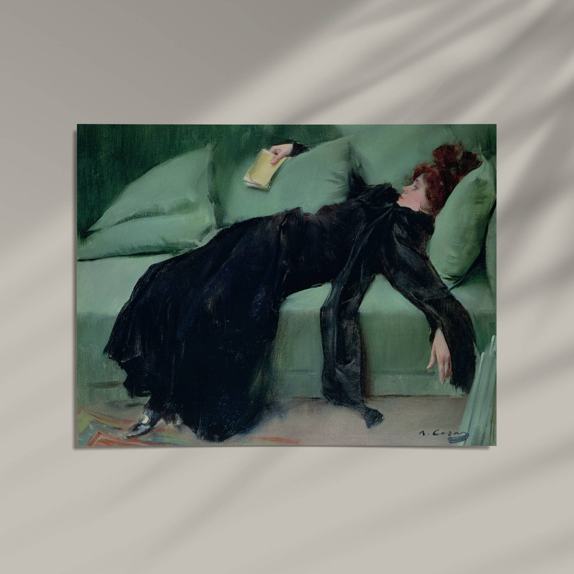 Dance the night away with this stunning art print of a young woman lounging after a dance. The contrast of her dark dress against the crazy comfy looking green couch makes for a striking artwork for any room. Perfect for adding a touch of elegance and whimsy to your home decor.&amp;nbsp;