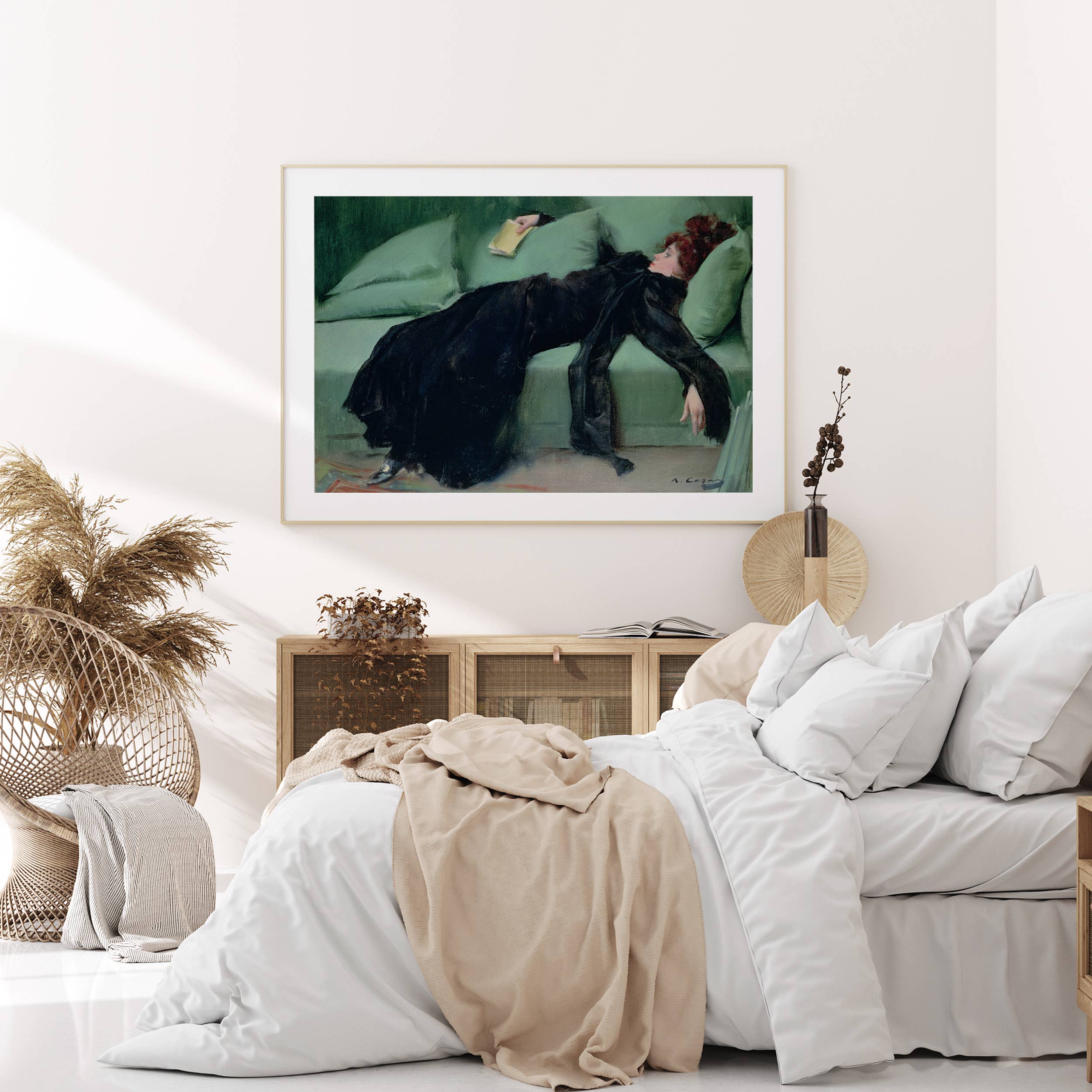 Dance the night away with this stunning art print of a young woman lounging after a dance. The contrast of her dark dress against the crazy comfy looking green couch makes for a striking artwork for any room. Perfect for adding a touch of elegance and whimsy to your home decor.&nbsp;