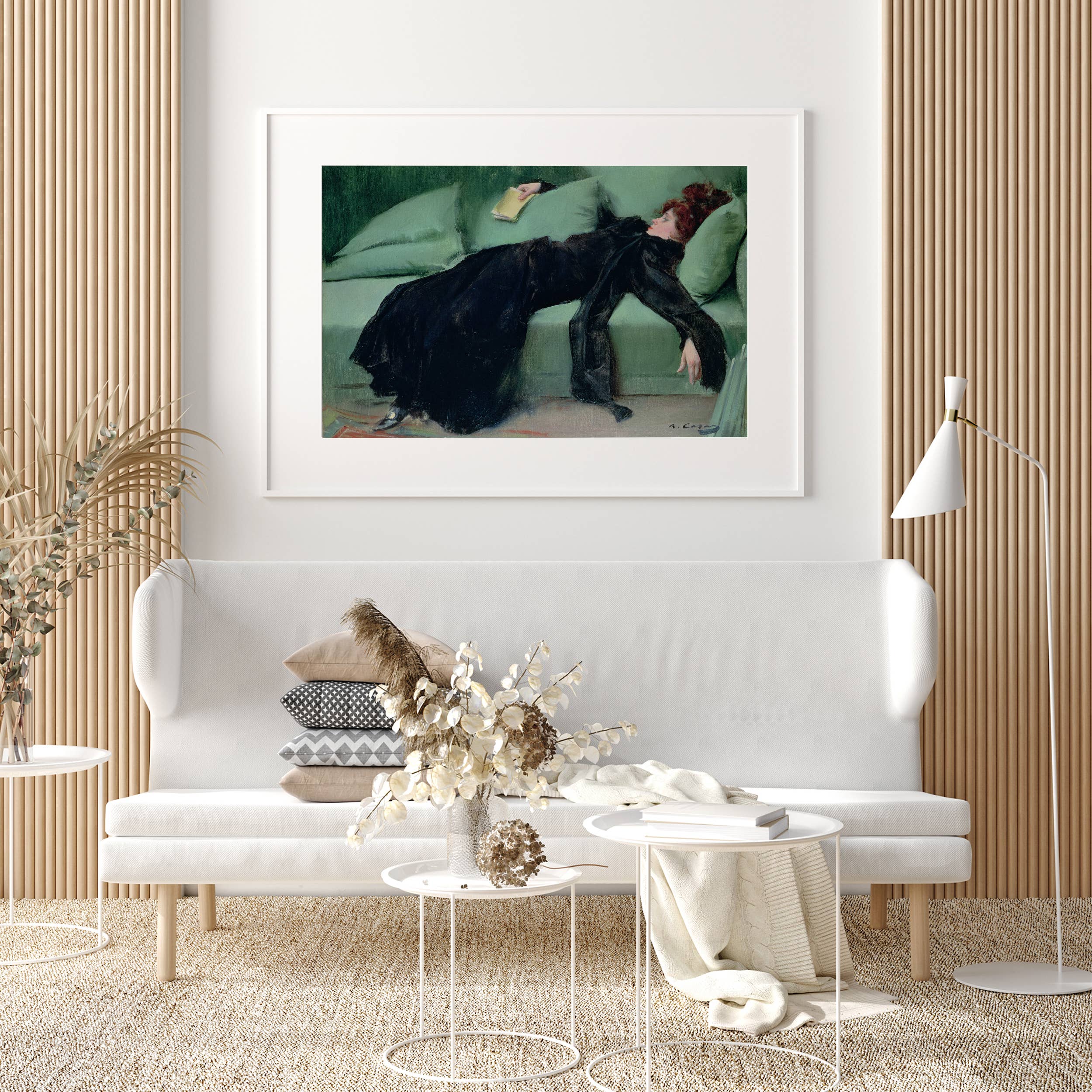 Dance the night away with this stunning art print of a young woman lounging after a dance. The contrast of her dark dress against the crazy comfy looking green couch makes for a striking artwork for any room. Perfect for adding a touch of elegance and whimsy to your home decor.&nbsp;