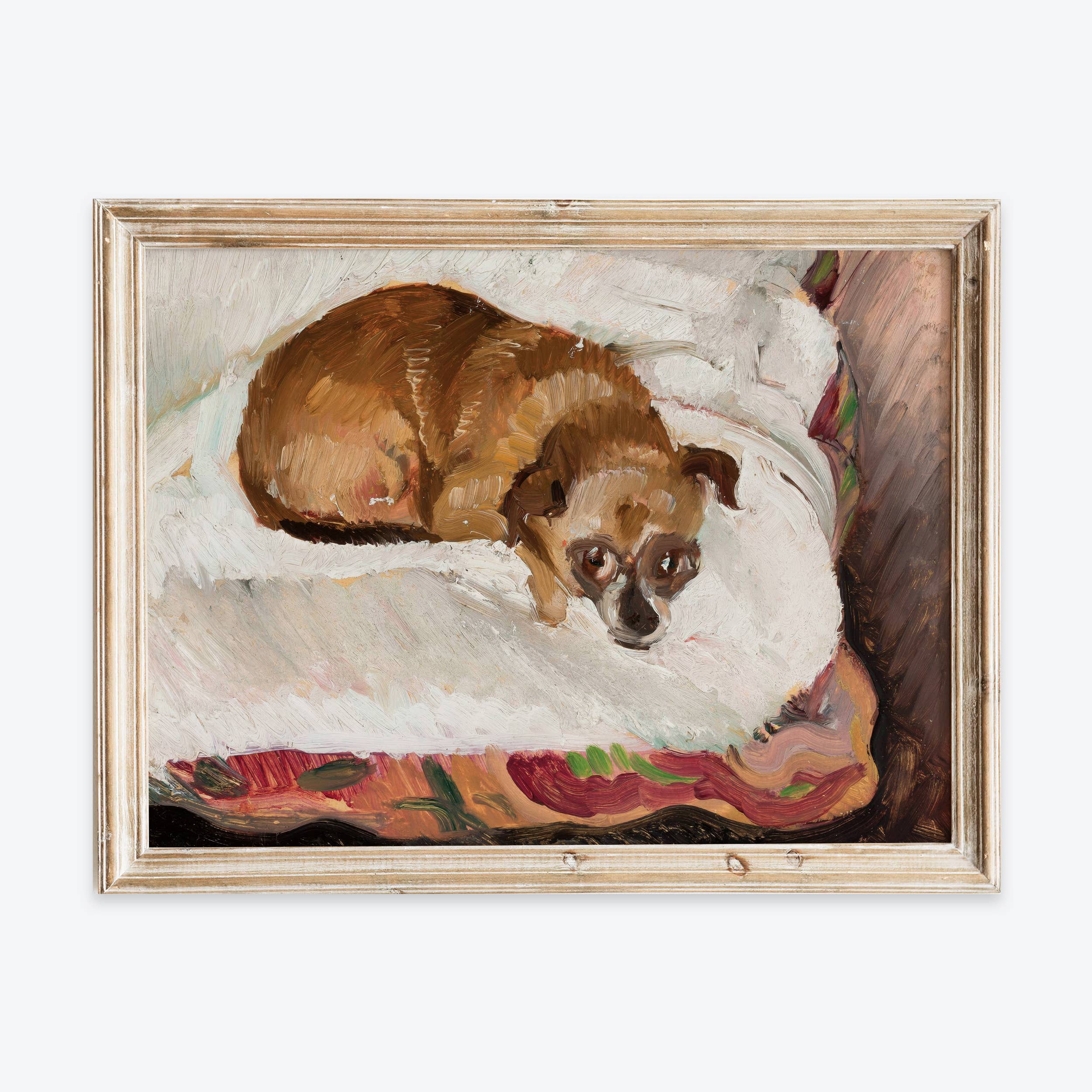 Painting of a dog lying on a bed with a colorful blanket