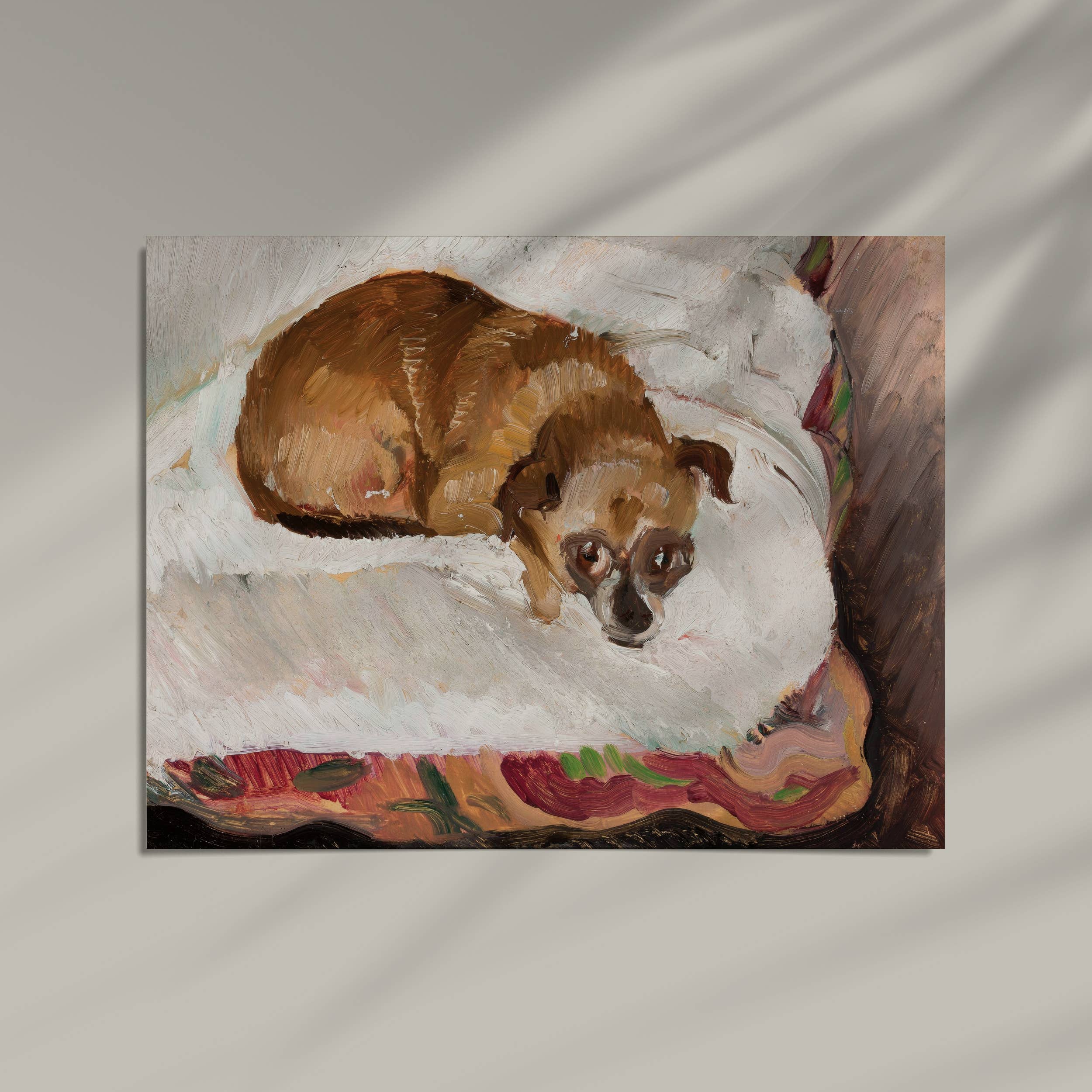 Painting of a small brown dog lying on a white cushion with a colorful border.