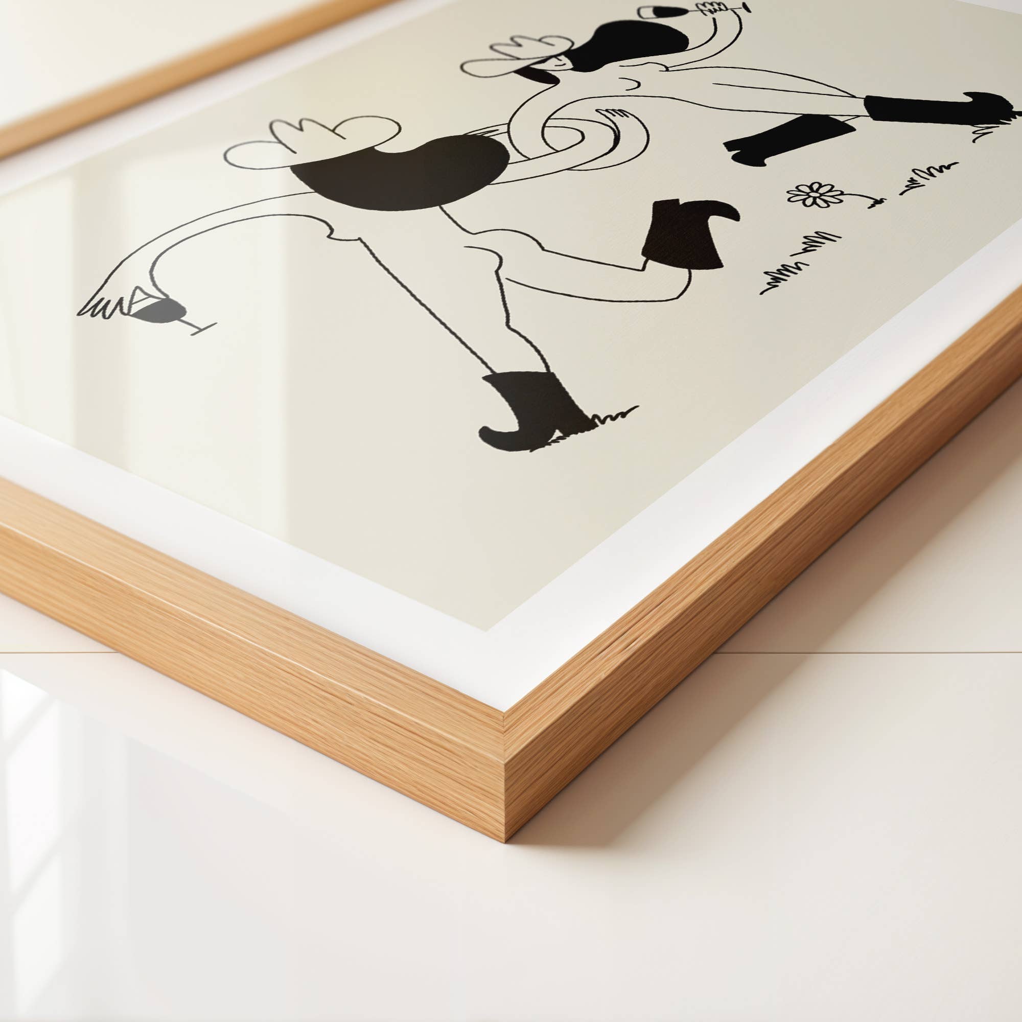 Bring the joy of a carefree spring day to your walls with this unframed art print. Two cowgirls wander through a vibrant field of flowers, wine in hand, captured in a whimsical, sketchy style with playful imperfections. This minimal Western art print adds a lighthearted, free-spirited touch to any home decor collection, making it a perfect choice for living rooms, kitchens, or cozy nooks.