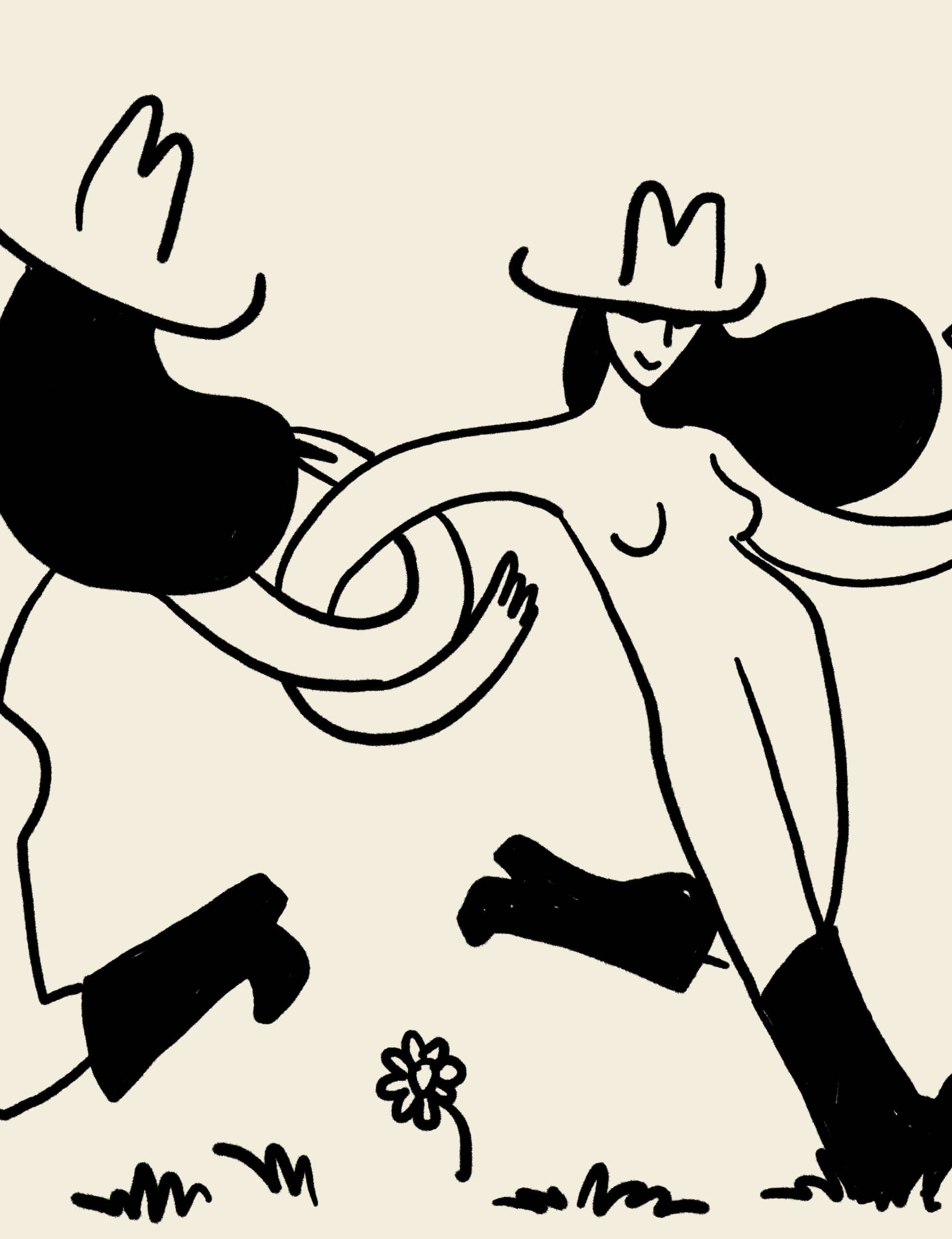 Bring the joy of a carefree spring day to your walls with this unframed art print. Two cowgirls wander through a vibrant field of flowers, wine in hand, captured in a whimsical, sketchy style with playful imperfections. This minimal Western art print adds a lighthearted, free-spirited touch to any home decor collection, making it a perfect choice for living rooms, kitchens, or cozy nooks.