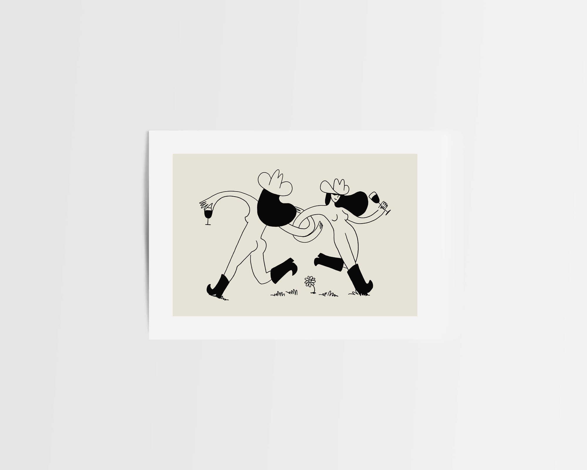 Bring the joy of a carefree spring day to your walls with this unframed art print. Two cowgirls wander through a vibrant field of flowers, wine in hand, captured in a whimsical, sketchy style with playful imperfections. This minimal Western art print adds a lighthearted, free-spirited touch to any home decor collection, making it a perfect choice for living rooms, kitchens, or cozy nooks.