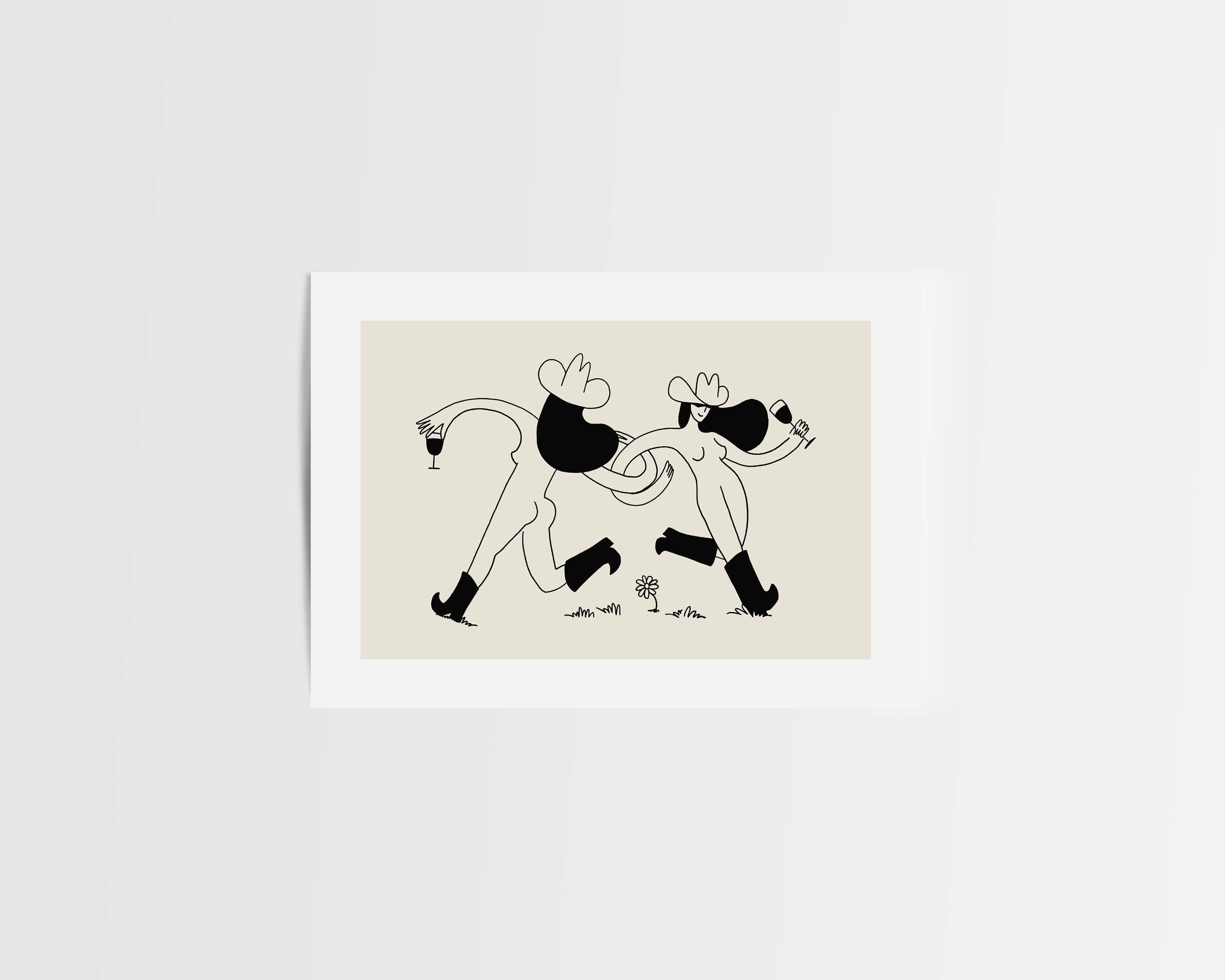 Bring the joy of a carefree spring day to your walls with this unframed art print. Two cowgirls wander through a vibrant field of flowers, wine in hand, captured in a whimsical, sketchy style with playful imperfections. This minimal Western art print adds a lighthearted, free-spirited touch to any home decor collection, making it a perfect choice for living rooms, kitchens, or cozy nooks.