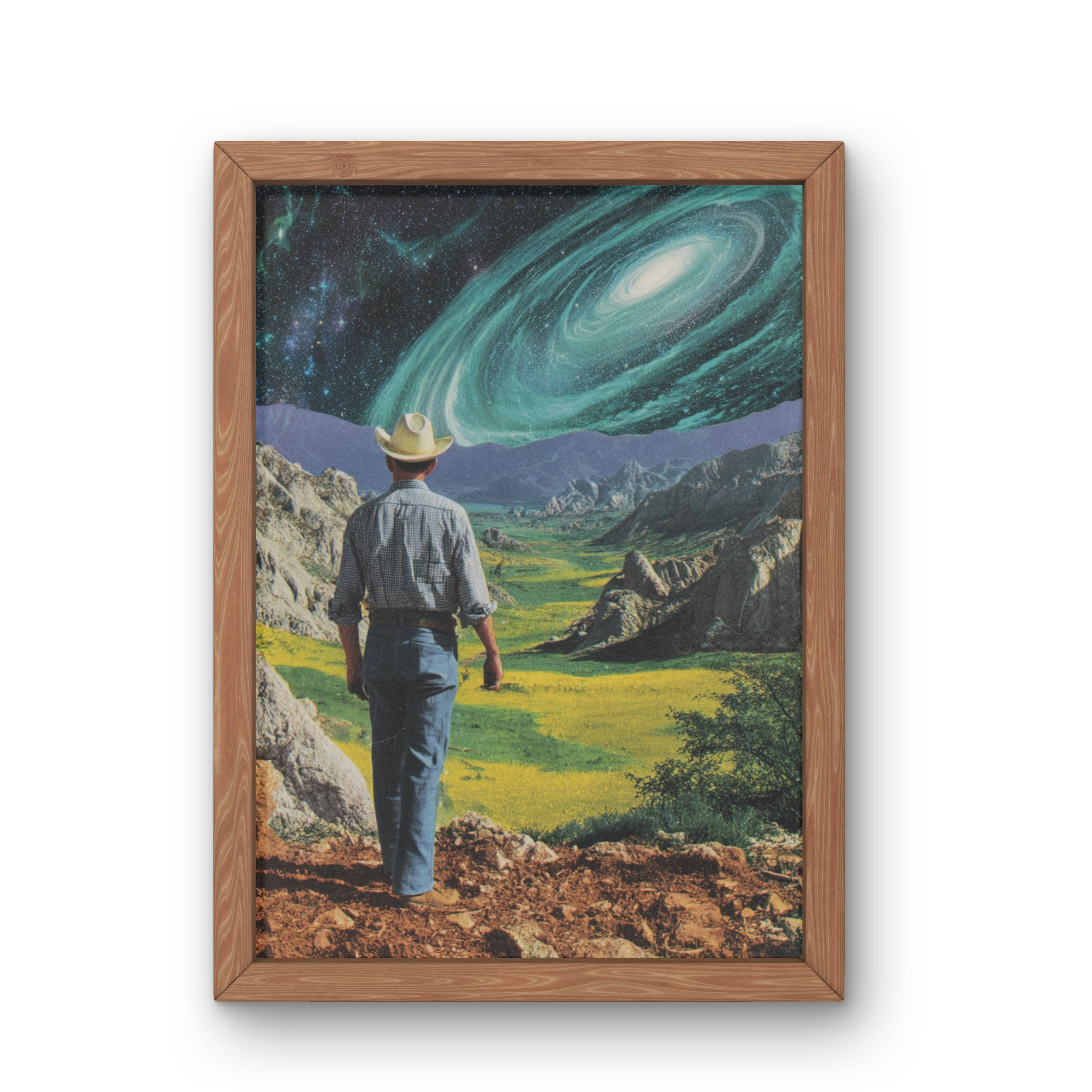 Artwork of a person in a cowboy hat standing in a landscape with a swirling green sky.