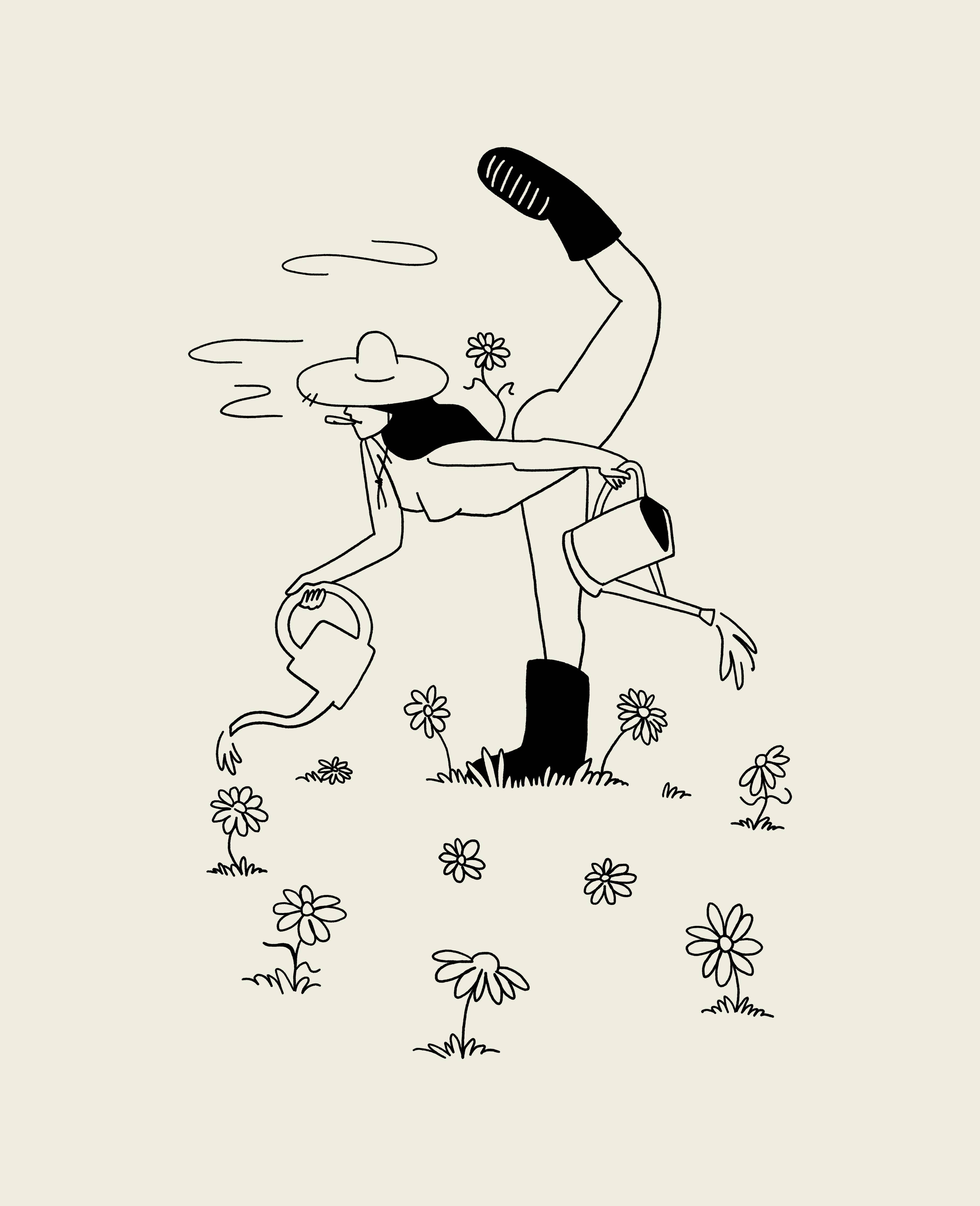 Illustration of a person watering plants with a watering can on a beige background