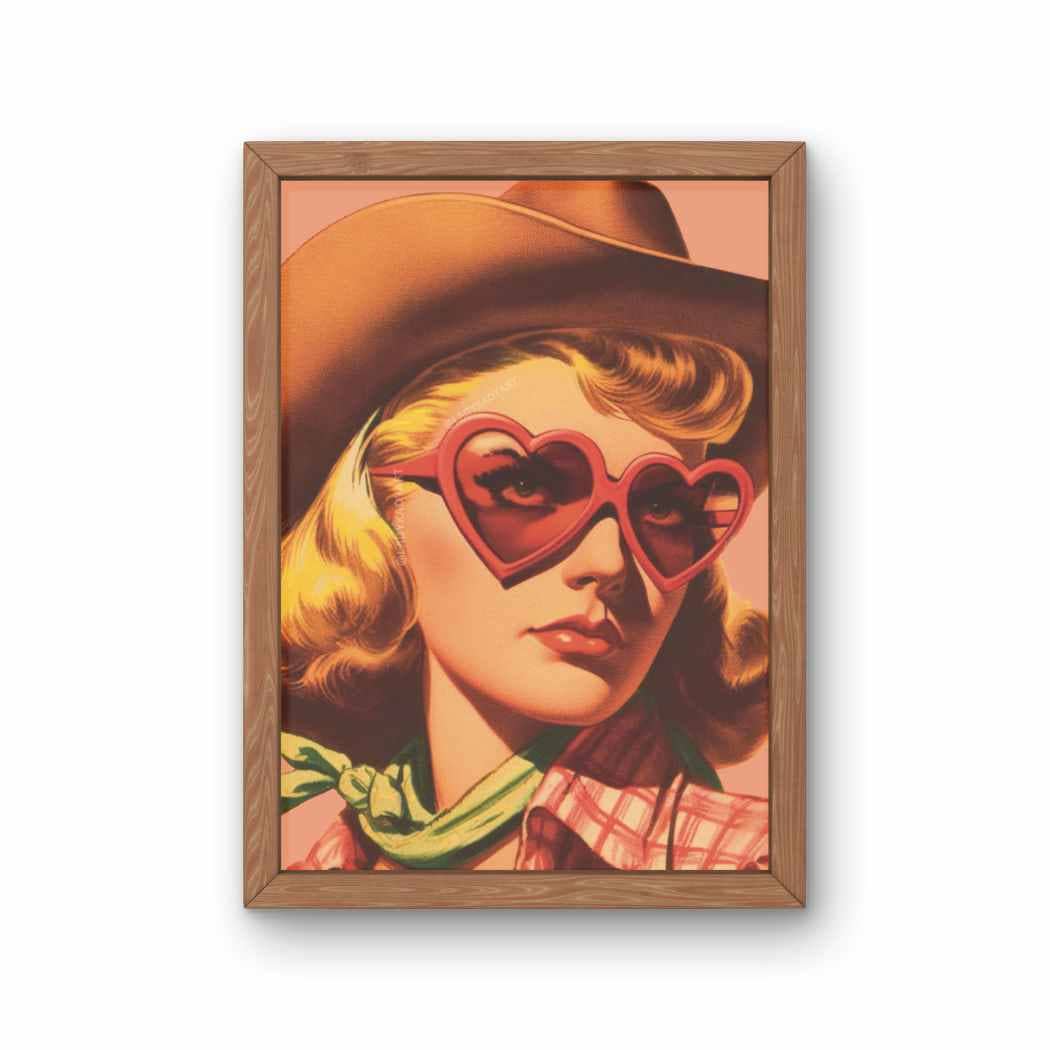 Artwork of a person wearing a cowboy hat and heart-shaped sunglasses on a white background