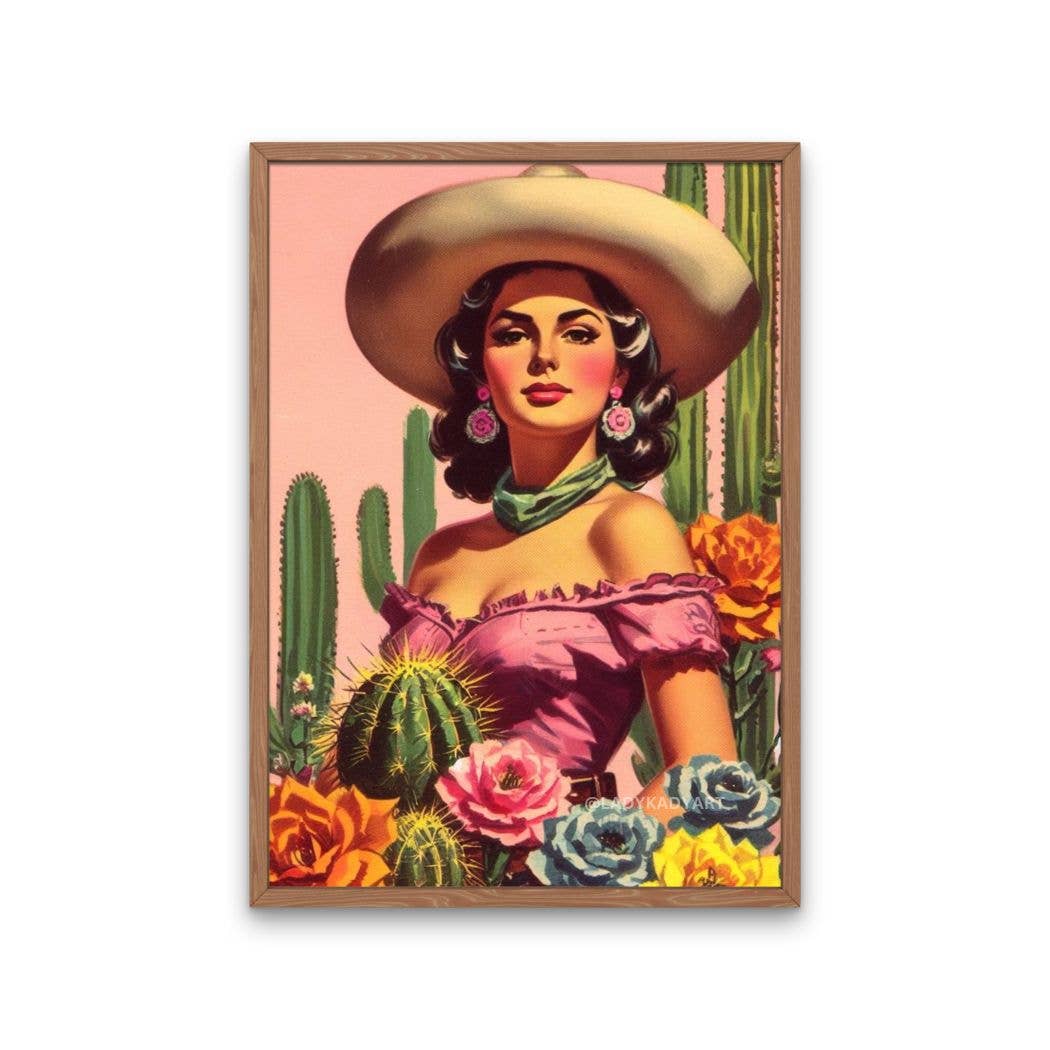 Bold art print of a Latina cowgirl with blooming cacti on a blush background. Printed on 8x10 in. archival matte paper. Colorful, modern, and full of southwest style.