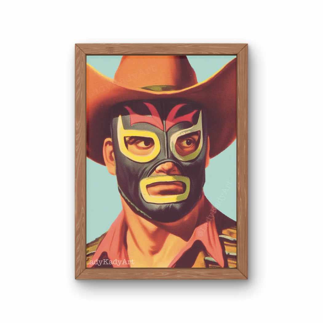 Bold Luchador Mask Cowboy art print on archival matte paper. Perfect for modern, trendy, and maximalist decor lovers seeking vibrant, retro-style wall art.