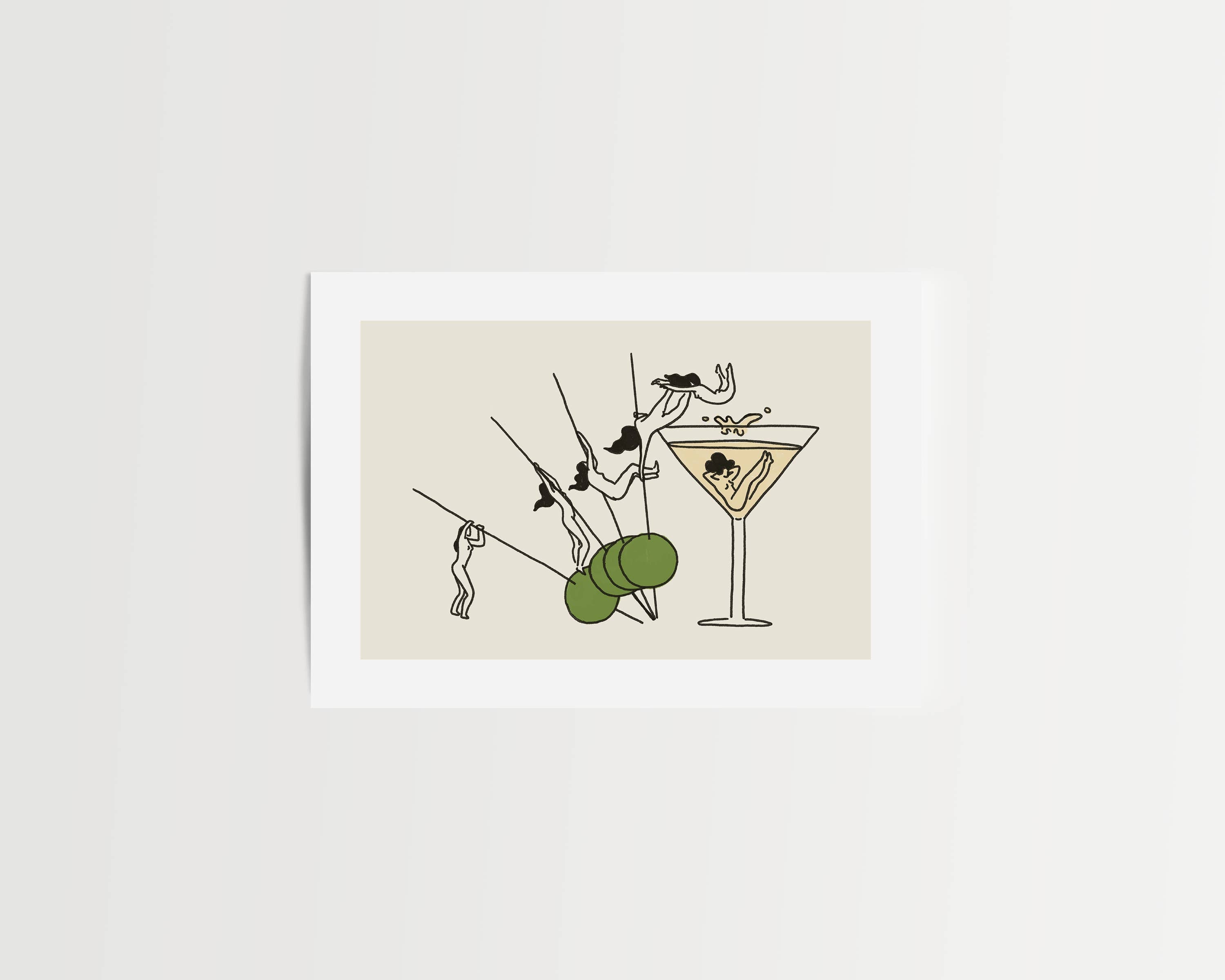 Illustration of a cocktail glass with a martini olive on a beige background