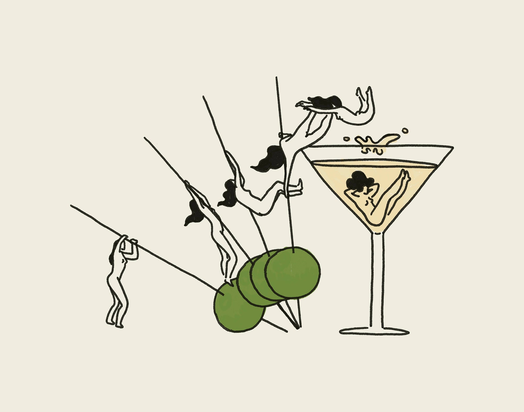 Illustration of a martini glass with olive and cocktail stick, surrounded by women on a beige background