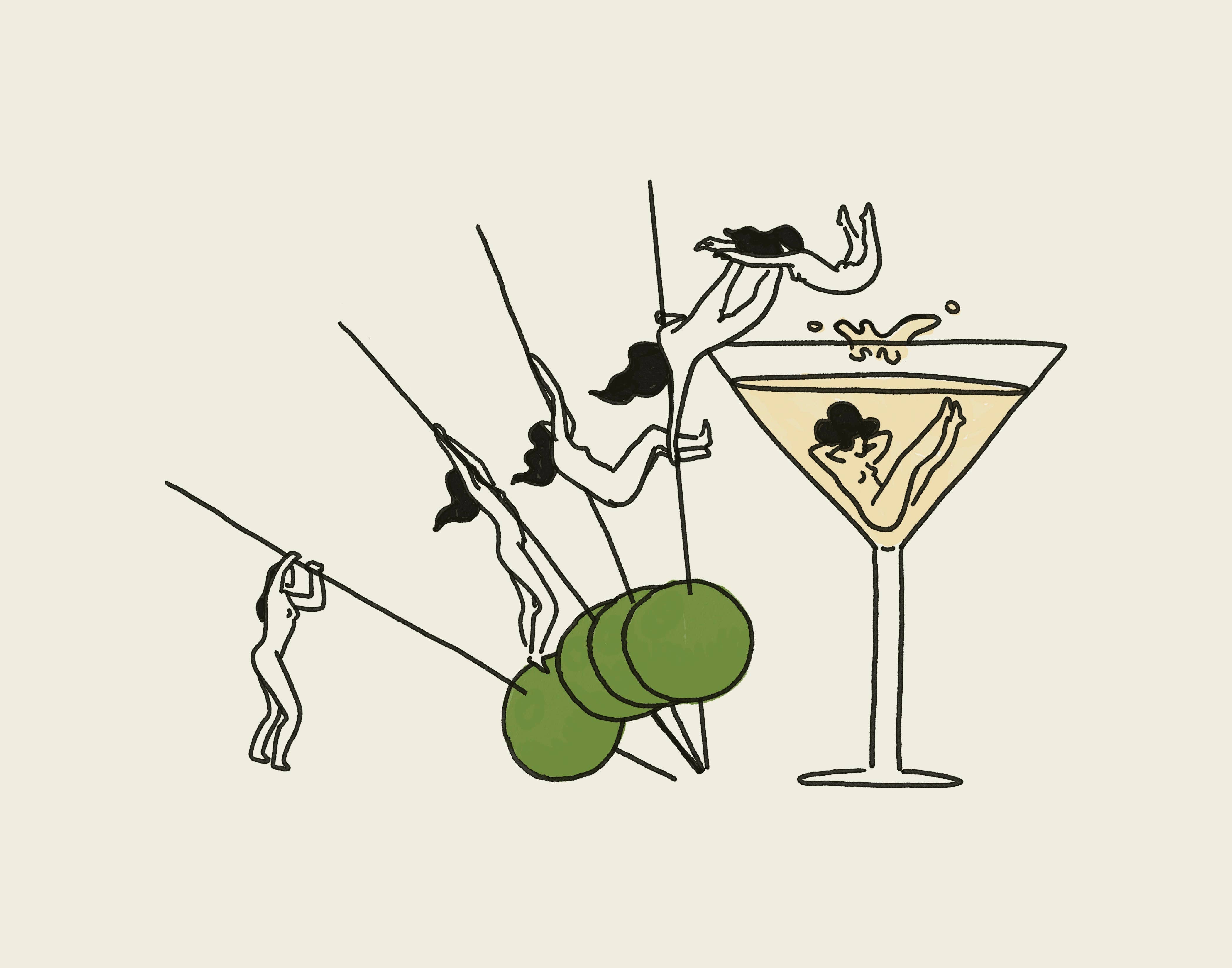 Illustration of a martini glass with olive and cocktail stick, surrounded by women on a beige background