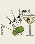 Illustration of a martini glass with olive and cocktail stick, surrounded by women on a beige background
