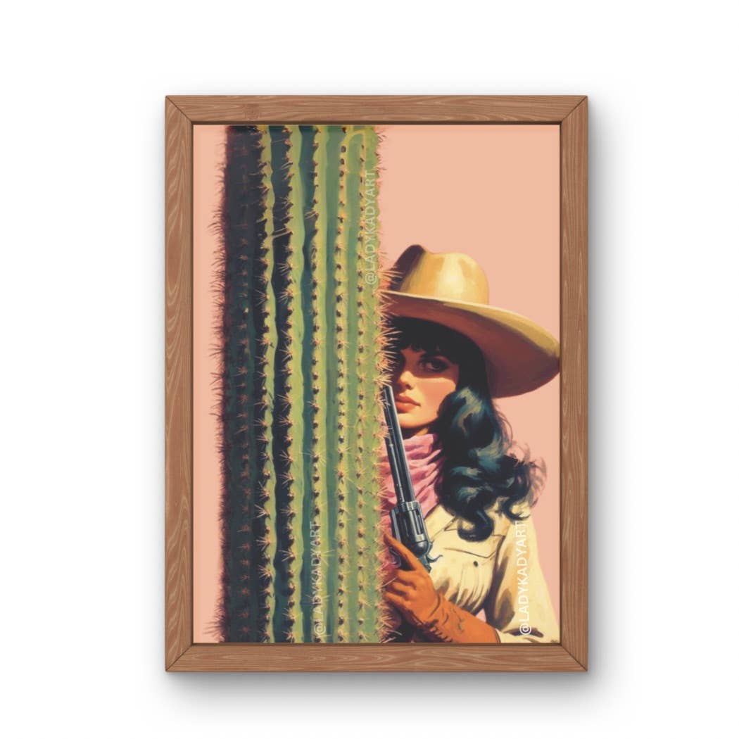 Artwork of a woman in a cowboy hat holding a gun, standing next to a cactus.