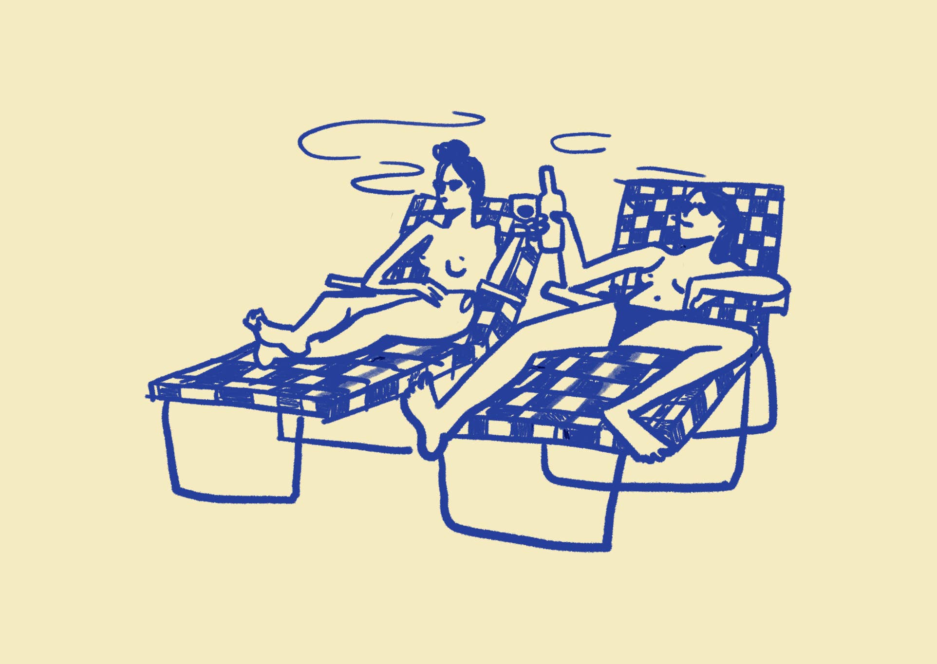 This piece of art feels like a mini-vacation. This unframed art print captures a delightful moment of two ladies basking in the sun by the pool, sipping cocktails and wine. With a soft butter yellow background and dark blue line drawing, it's a wonderfully relaxing piece of wall art that brings a touch of summer fun to any home decor collection.