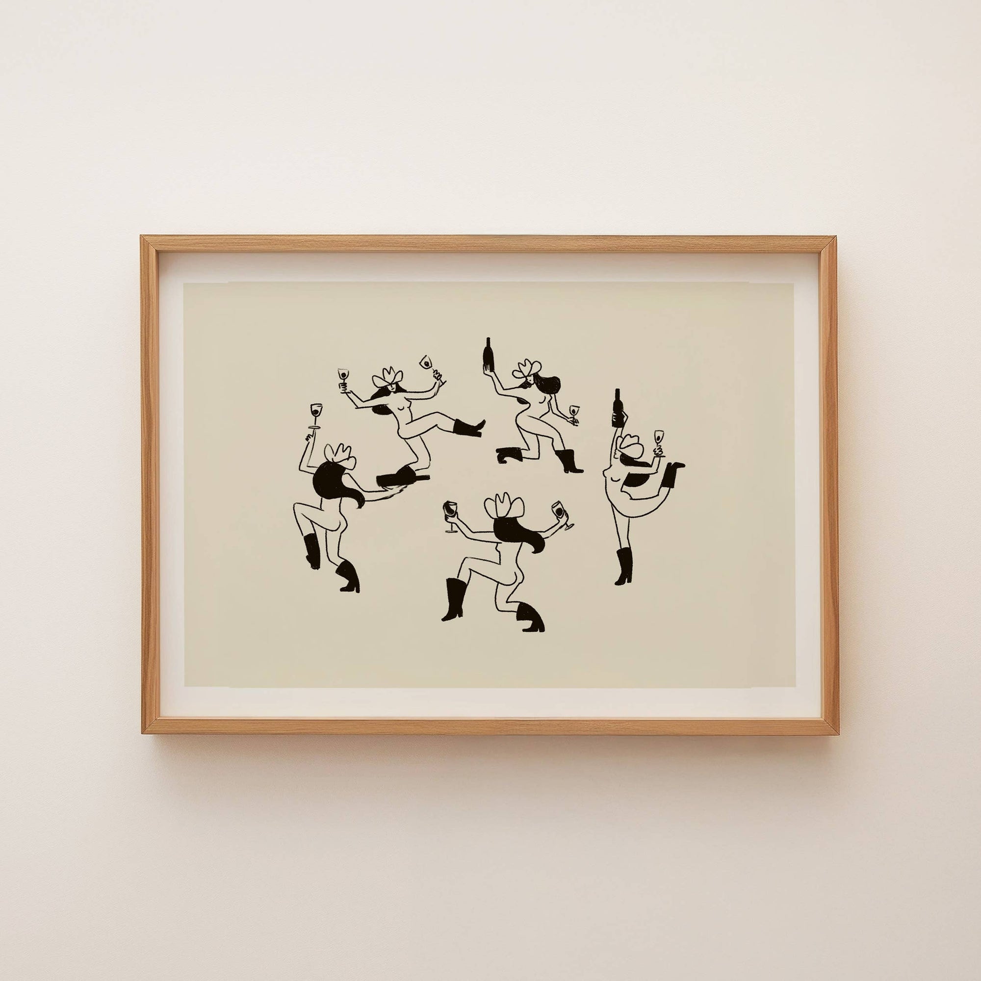 Capture the spirited charm of the West with this playful art print featuring cowgirls dancing in a lively circle. Rendered in a sketchy, hand-drawn style with a cool vintage flair, it reimagines the iconic Matisse "The Dance" in a uniquely western way. Perfect for adding a fun and eclectic touch to any room, this unframed art print brings movement and character to your wall with a fresh artistic twist.