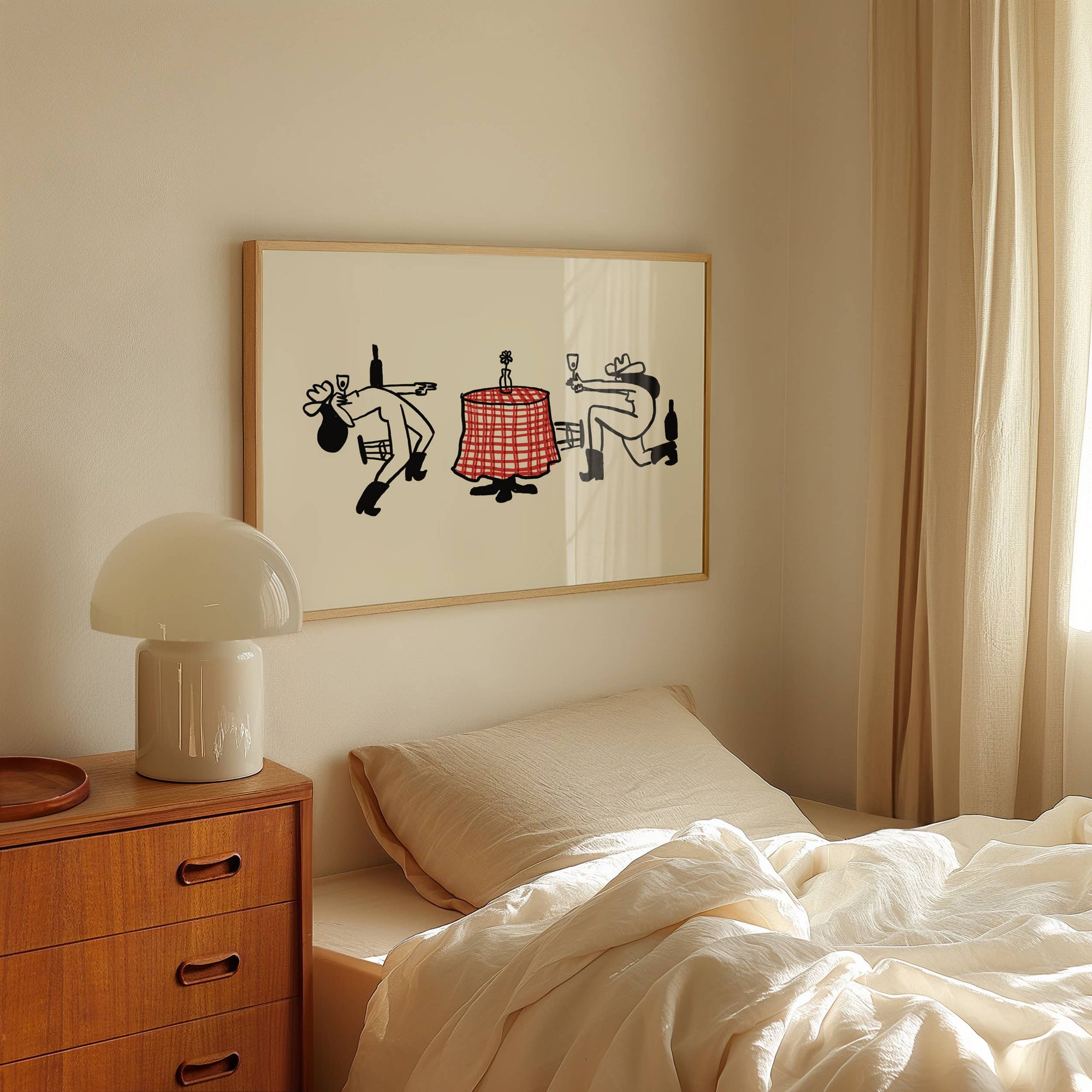 This unframed art print offers a fun twist on the classic duel, featuring two cowgirls in a standoff for the final bottle of wine. It's a fantastic, witty piece of vintage inspired western home decor that's ideal for kitchens, dining areas, or any space that needs a touch of playful personality.