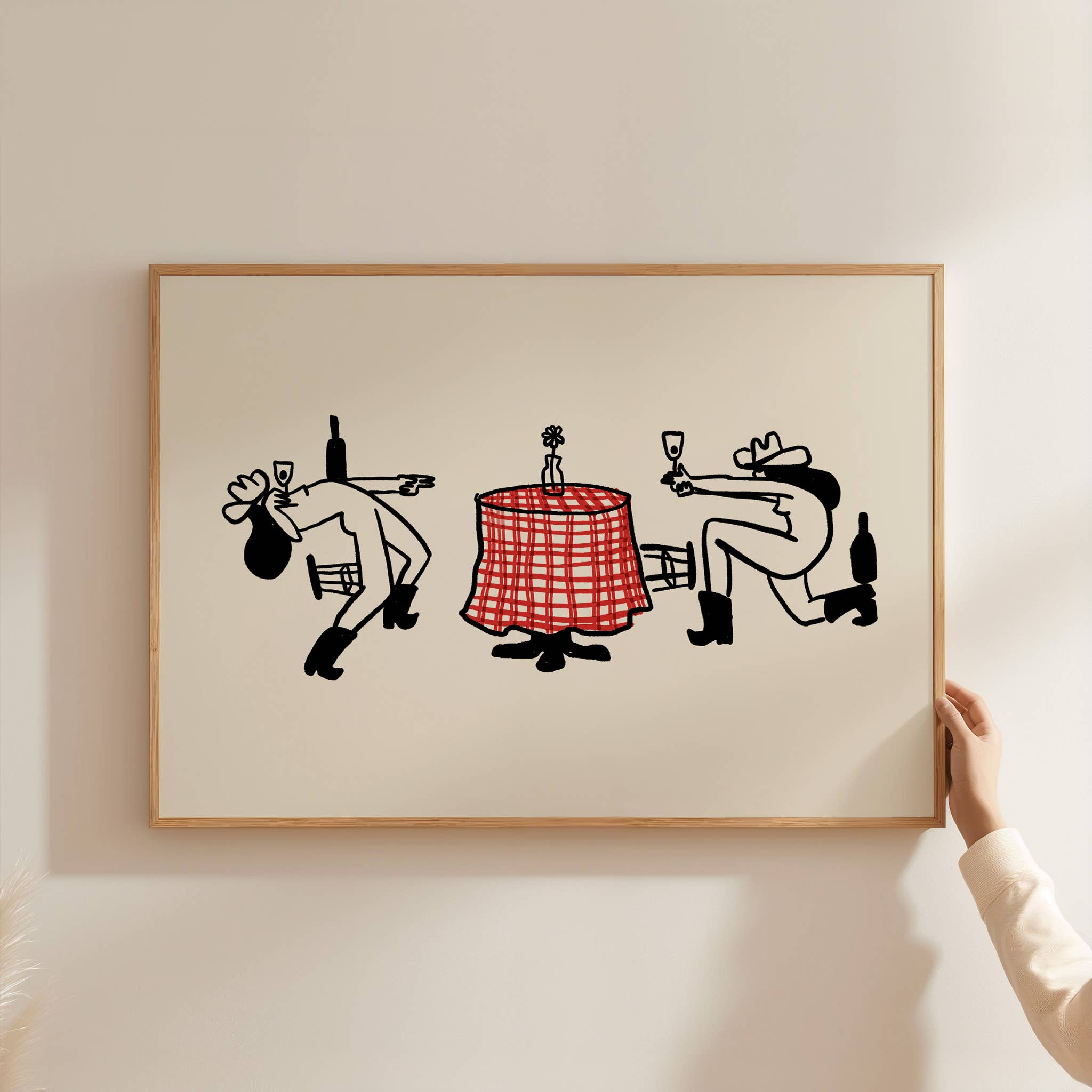 This unframed art print offers a fun twist on the classic duel, featuring two cowgirls in a standoff for the final bottle of wine. It's a fantastic, witty piece of vintage inspired western home decor that's ideal for kitchens, dining areas, or any space that needs a touch of playful personality.
