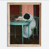 Tired print in a gold wood frame: woman in white slumped over a teal table by a pink wall