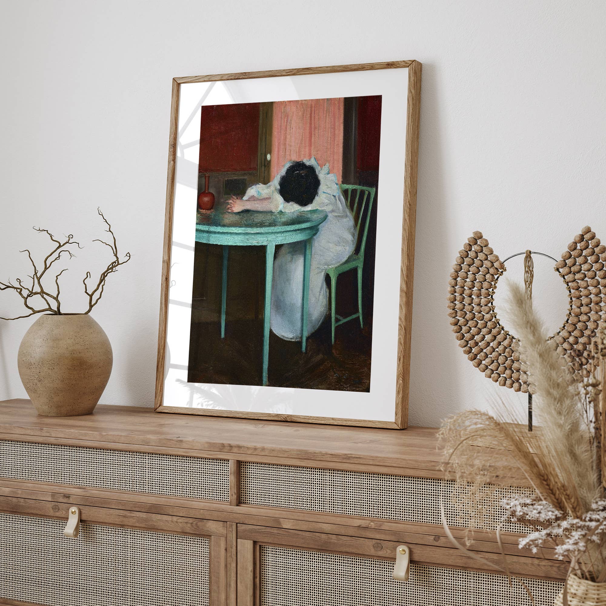 Despite the original artwork by Ramon Casas being over 100 years old, we can relate to her. Featuring stunning complementary colors of red and green, this print is striking along with being relatable. Let this piece capture your tiredness and become a talking point in your home. (No, seriously, we know you're exhausted.)