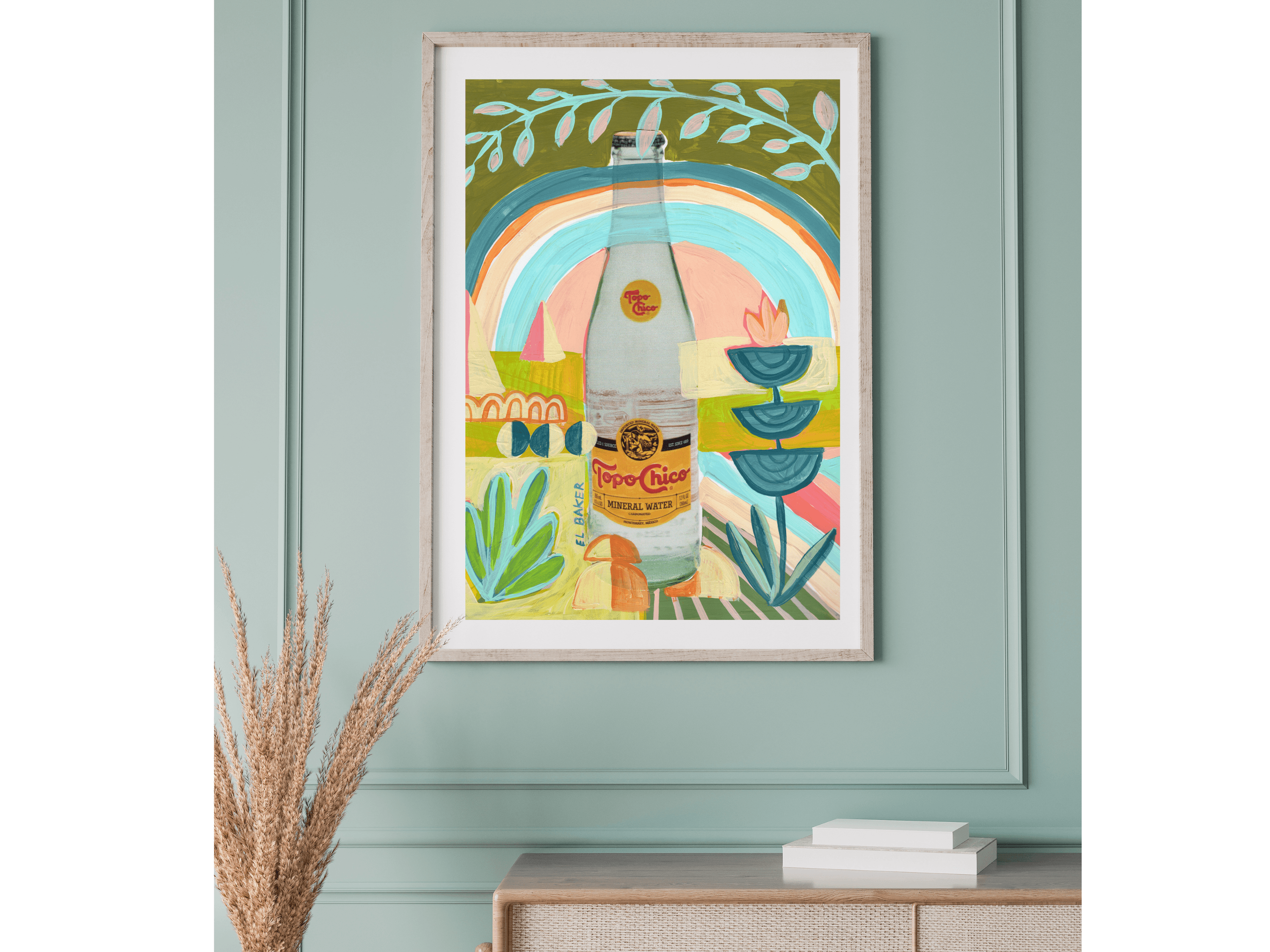 Elevate your space with this quirky, colorful art print by Austin artist, El Baker. The whimsical design features a Texas icon, Topo Chico, surrounded by vibrant natural elements. It's the perfect addition to any room and will make you feel like you're drinking a Topo Chico under a rainbow! This high-quality fine art giclée print captures intricate textures and details. Created on thick, durable matte paper, each museum-quality art print is a testament to superior craftsmanship. 