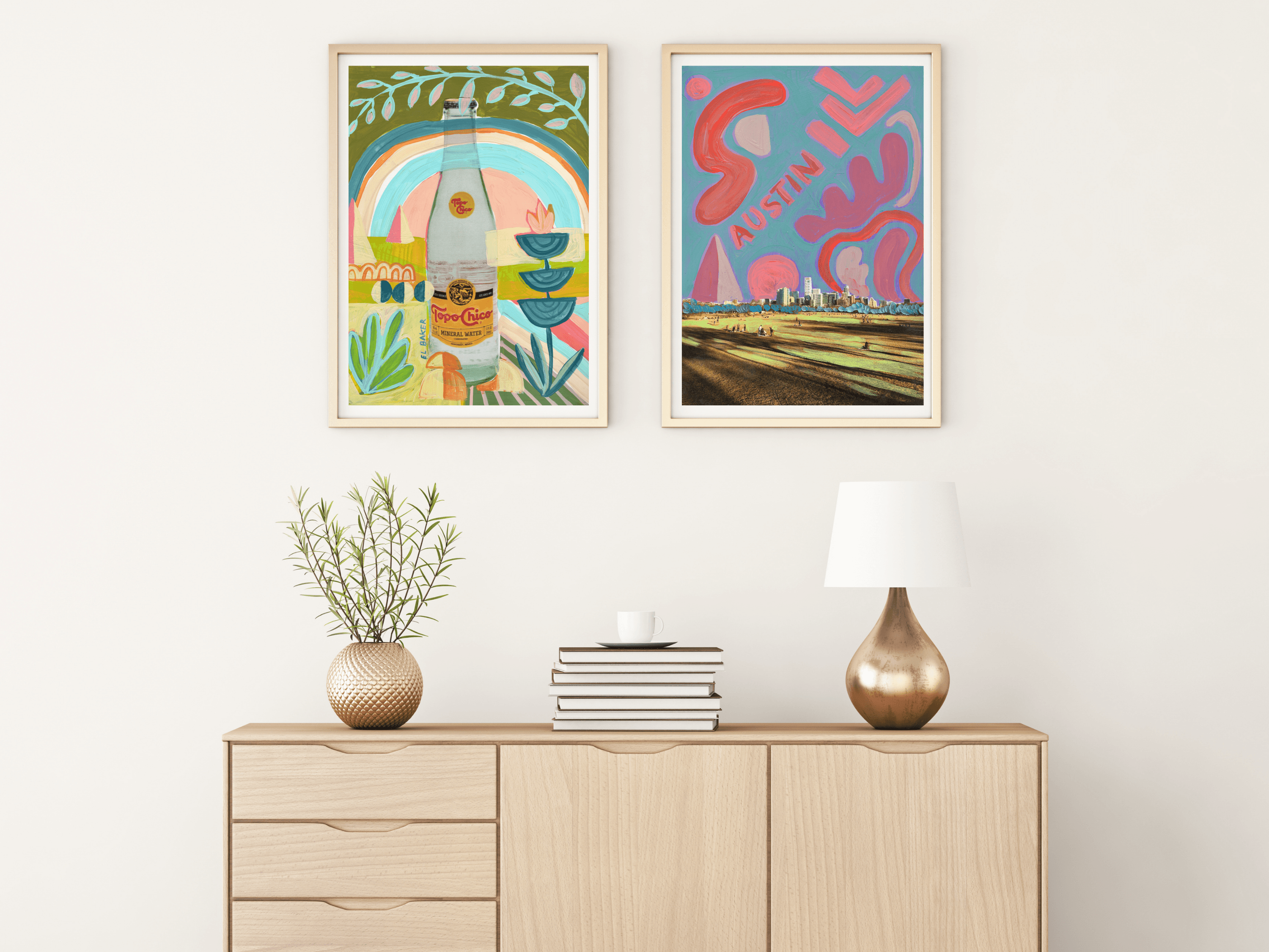 Elevate your space with this quirky, colorful art print by Austin artist, El Baker. The whimsical design features a Texas icon, Topo Chico, surrounded by vibrant natural elements. It's the perfect addition to any room and will make you feel like you're drinking a Topo Chico under a rainbow! This high-quality fine art giclée print captures intricate textures and details. Created on thick, durable matte paper, each museum-quality art print is a testament to superior craftsmanship. 