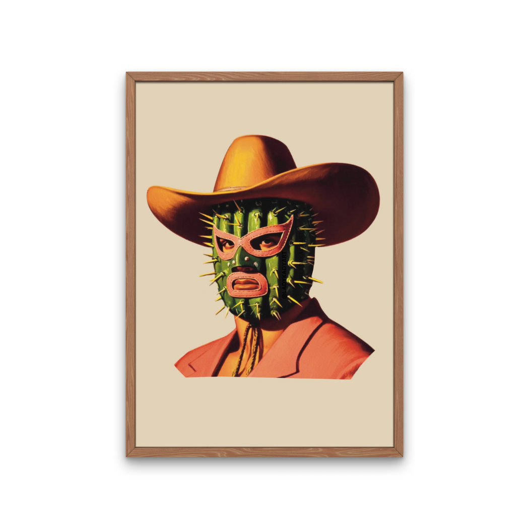 Retro cowboy in a cactus lucha libre mask, printed on archival matte paper. 8x10" bold art perfect for modern, maximalist, or western-inspired decor.