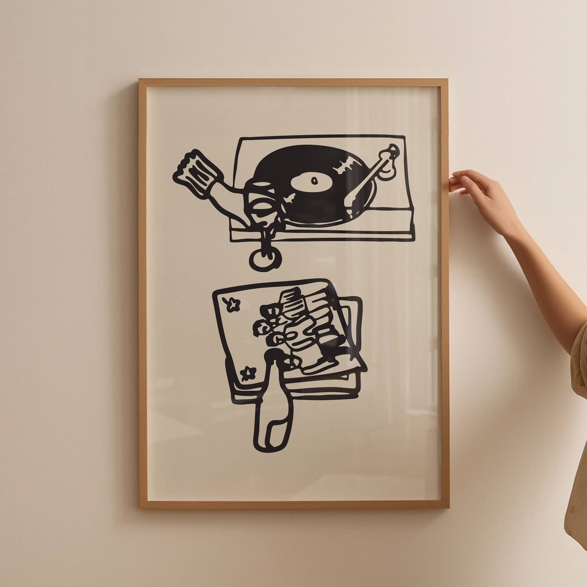 This piece of art celebrates the perfect night in. This unframed art print is a charming illustration of the ultimate combination: wine and vinyl. With its scribbley line texture, it has a wonderfully relaxed feel and modern aesthetic that’s a perfect addition to a living room, bar cart, or cozy reading nook. Perfect for wine lovers and foodies.