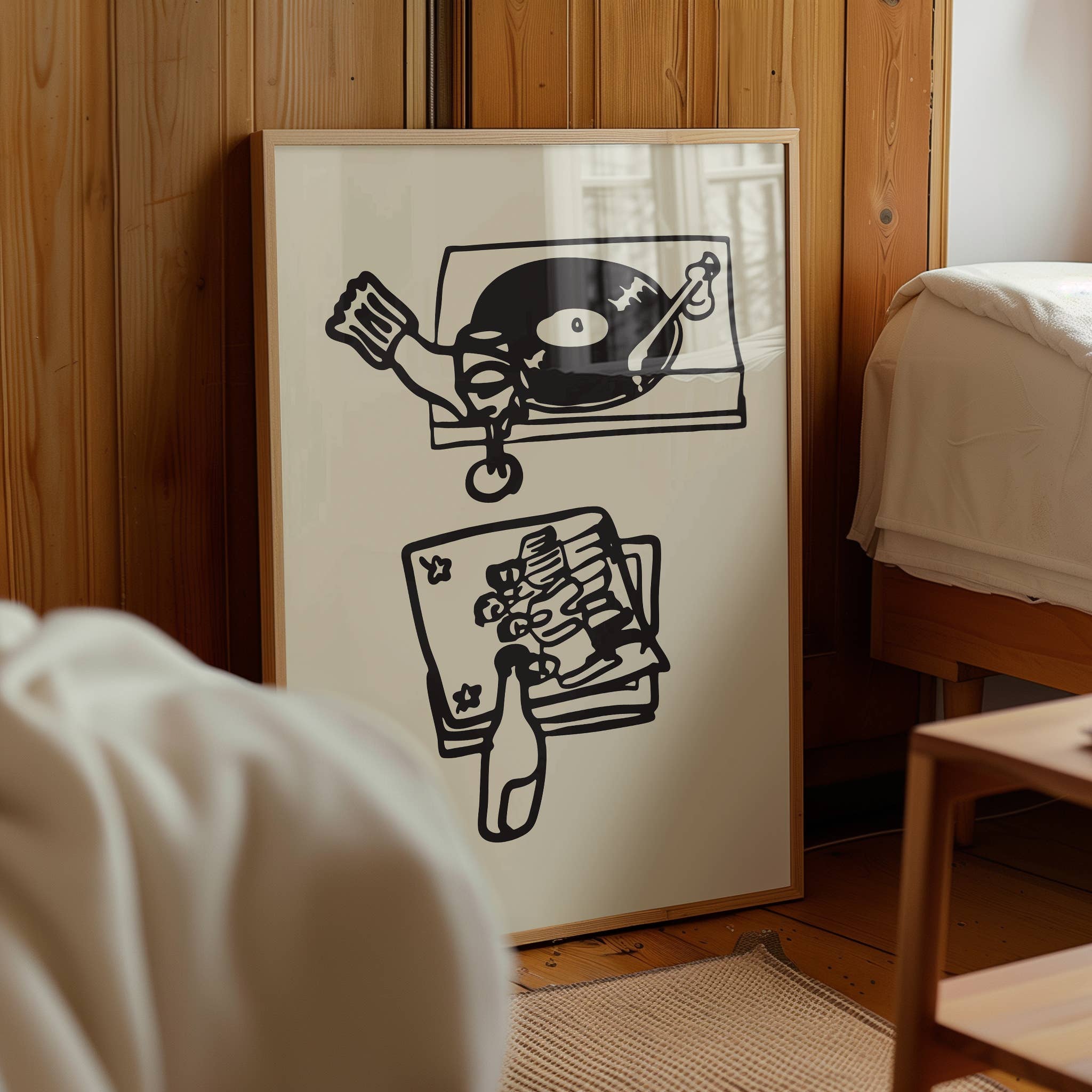 This piece of art celebrates the perfect night in. This unframed art print is a charming illustration of the ultimate combination: wine and vinyl. With its scribbley line texture, it has a wonderfully relaxed feel and modern aesthetic that’s a perfect addition to a living room, bar cart, or cozy reading nook. Perfect for wine lovers and foodies.