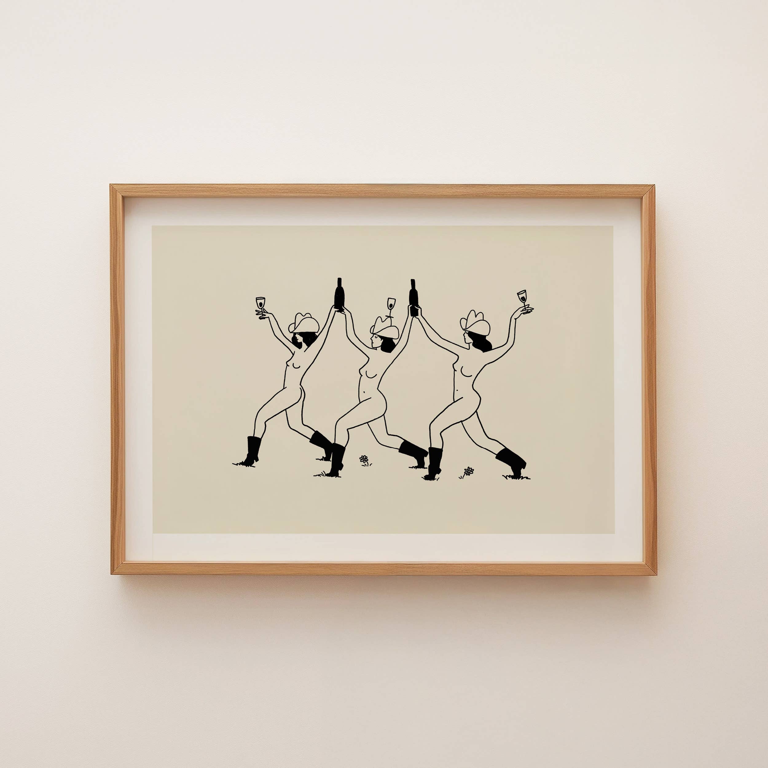 Celebrate friendship, fun, and good times with this minimalist western art print. Featuring three cowgirls strolling through a sunlit field with wine in hand, this charming vintage-inspired art print adds a playful, free-spirited touch to any home decor. Perfect as a cowgirl art print or wine-themed wall decor, it brings warmth, whimsy, and adventure to living rooms, kitchens, or cozy nooks.