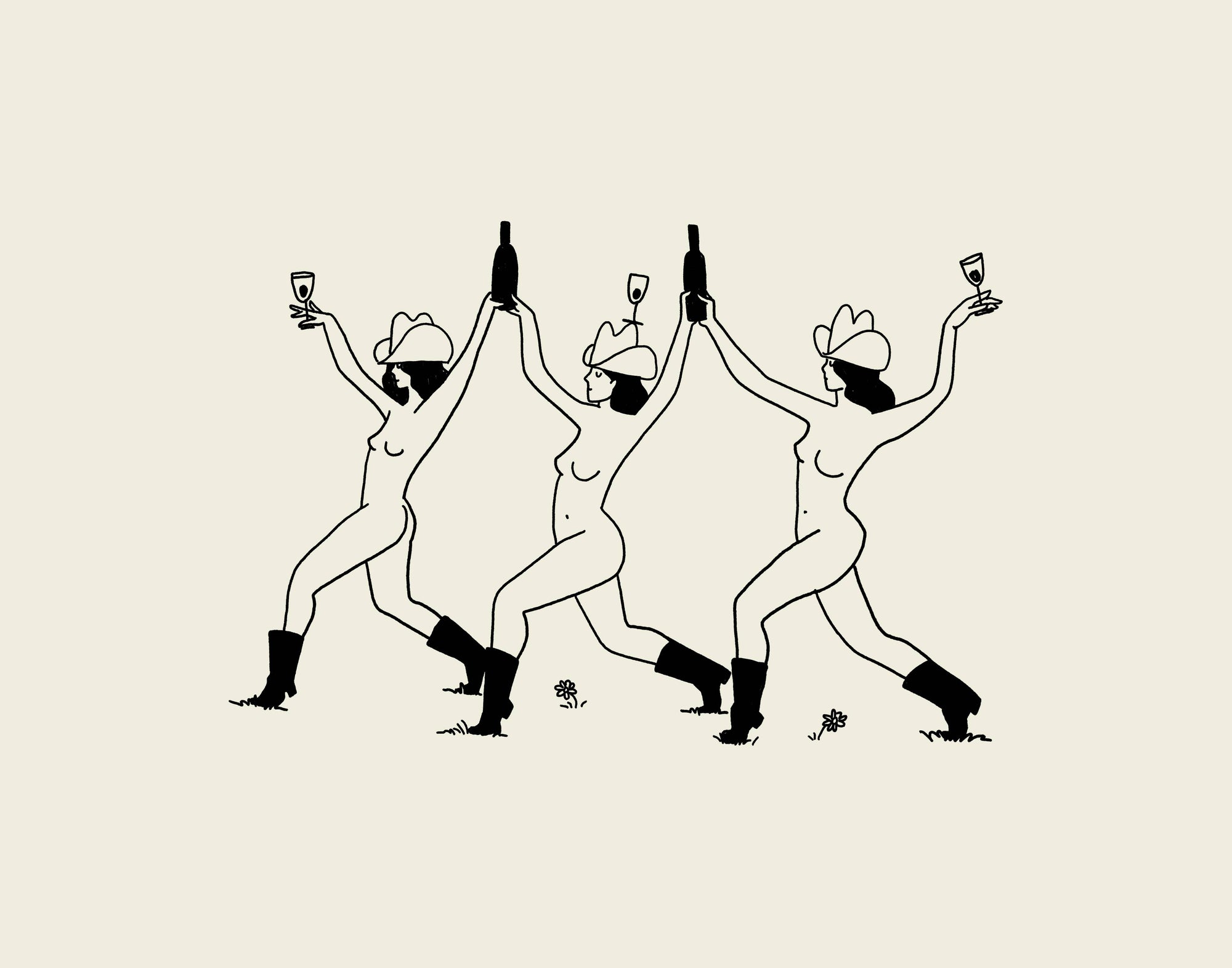 Celebrate friendship, fun, and good times with this minimalist western art print. Featuring three cowgirls strolling through a sunlit field with wine in hand, this charming vintage-inspired art print adds a playful, free-spirited touch to any home decor. Perfect as a cowgirl art print or wine-themed wall decor, it brings warmth, whimsy, and adventure to living rooms, kitchens, or cozy nooks.