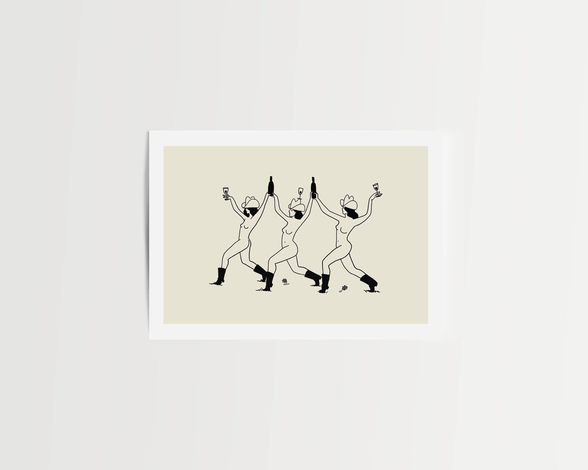 Celebrate friendship, fun, and good times with this minimalist western art print. Featuring three cowgirls strolling through a sunlit field with wine in hand, this charming vintage-inspired art print adds a playful, free-spirited touch to any home decor. Perfect as a cowgirl art print or wine-themed wall decor, it brings warmth, whimsy, and adventure to living rooms, kitchens, or cozy nooks.