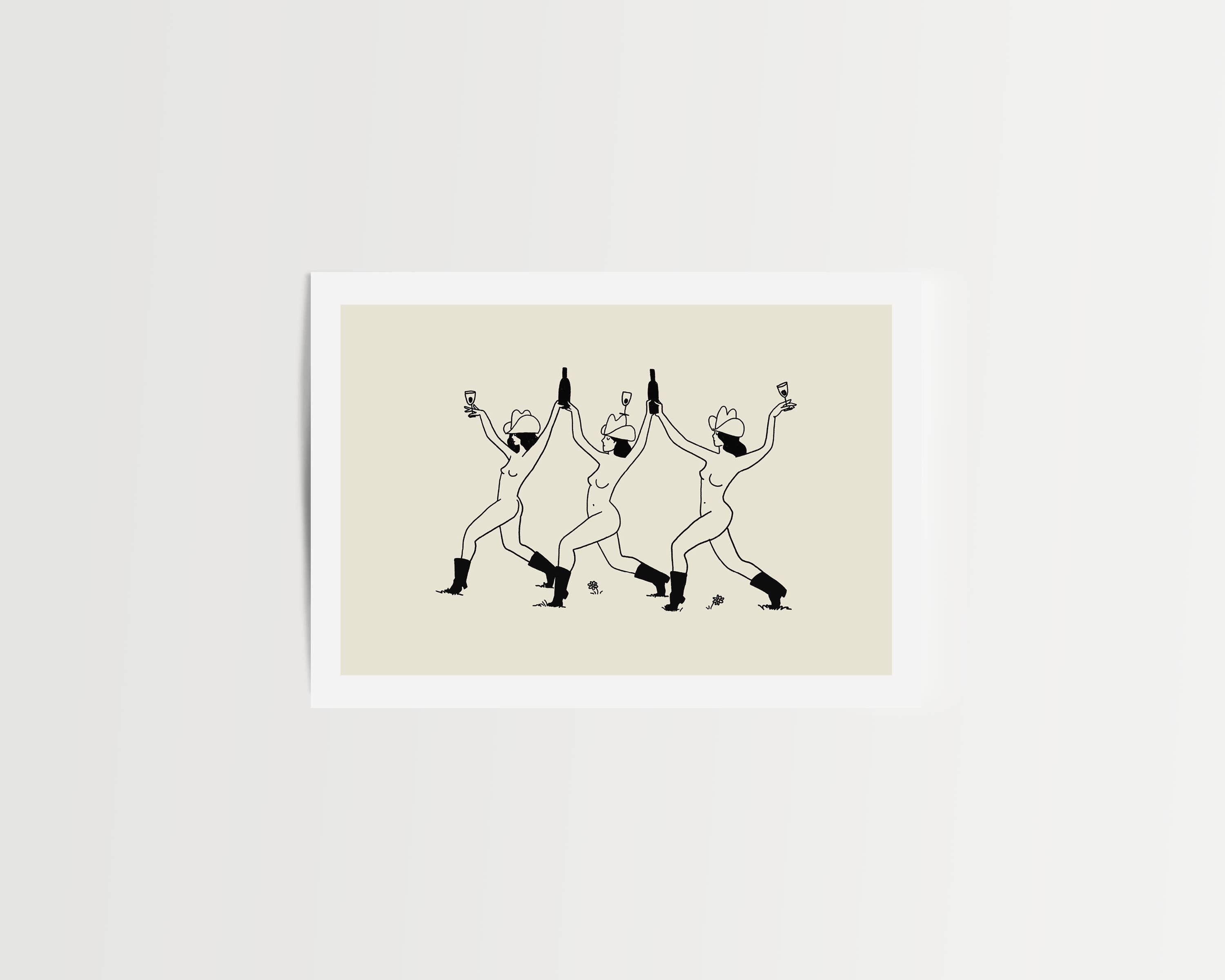 Celebrate friendship, fun, and good times with this minimalist western art print. Featuring three cowgirls strolling through a sunlit field with wine in hand, this charming vintage-inspired art print adds a playful, free-spirited touch to any home decor. Perfect as a cowgirl art print or wine-themed wall decor, it brings warmth, whimsy, and adventure to living rooms, kitchens, or cozy nooks.