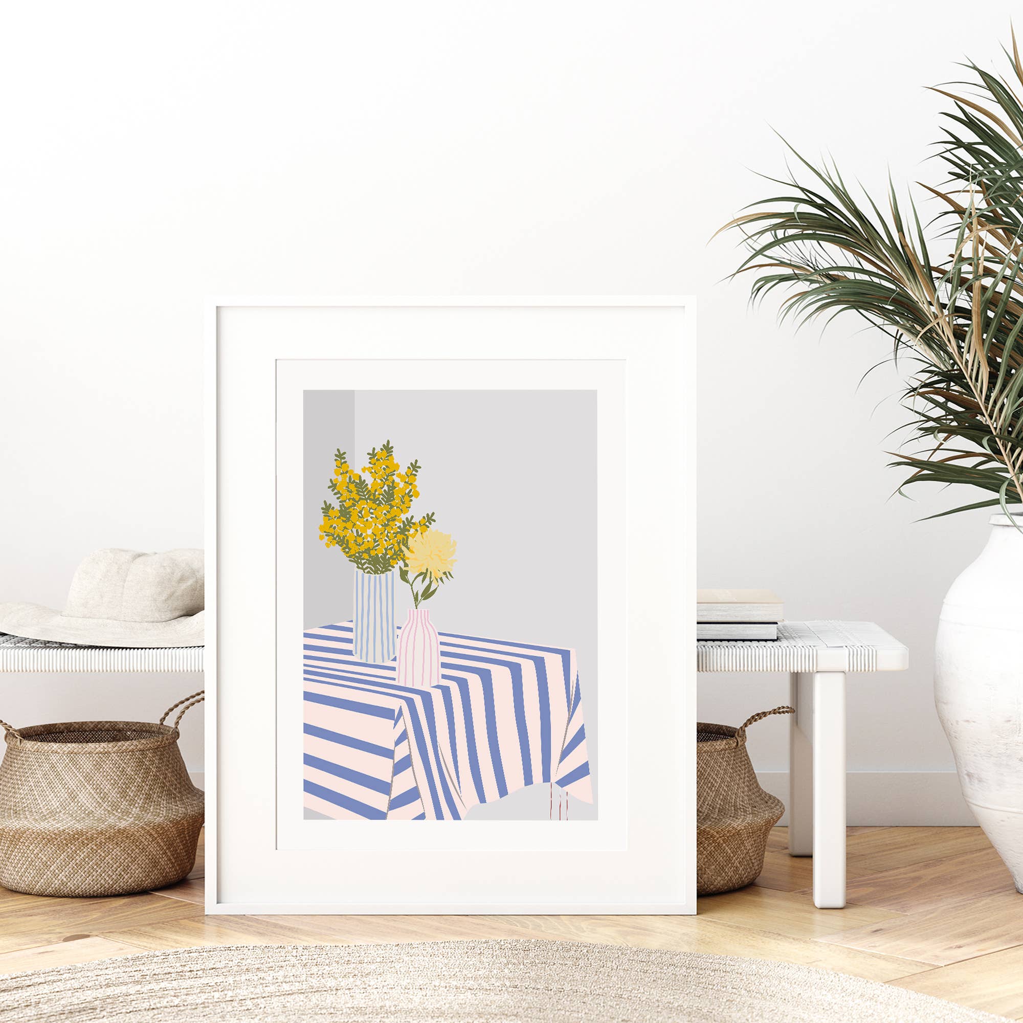 Cheerful yellow flowers in striped vases add modern charm to your space! This bold, colorful print brings a bright, happy vibe to any room