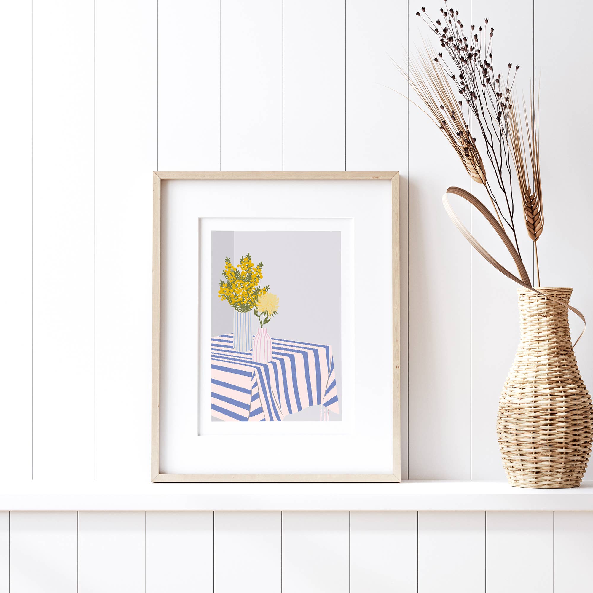 Cheerful yellow flowers in striped vases add modern charm to your space! This bold, colorful print brings a bright, happy vibe to any room