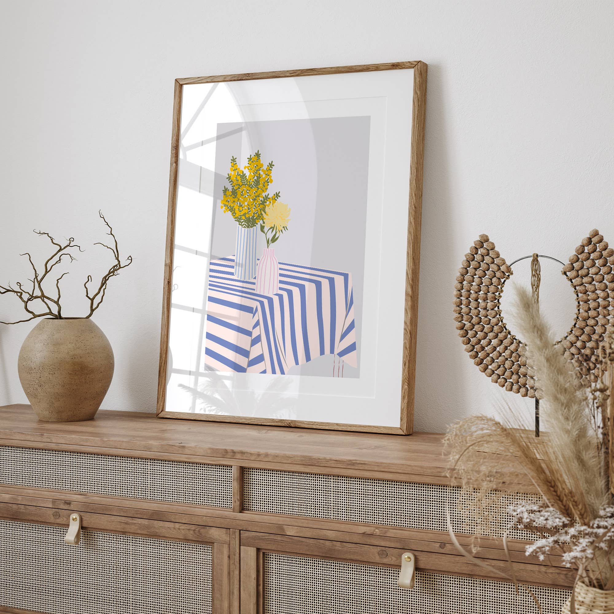 Cheerful yellow flowers in striped vases add modern charm to your space! This bold, colorful print brings a bright, happy vibe to any room