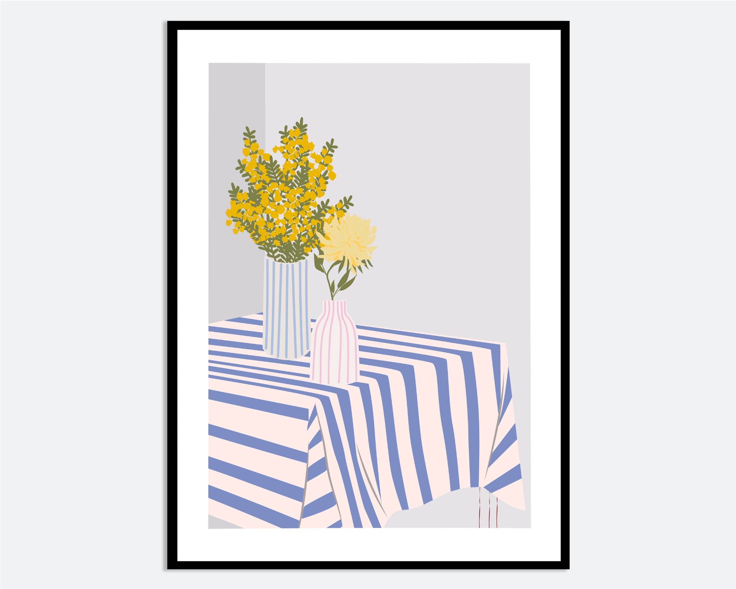 Cheerful yellow flowers in striped vases add modern charm to your space! This bold, colorful print brings a bright, happy vibe to any room