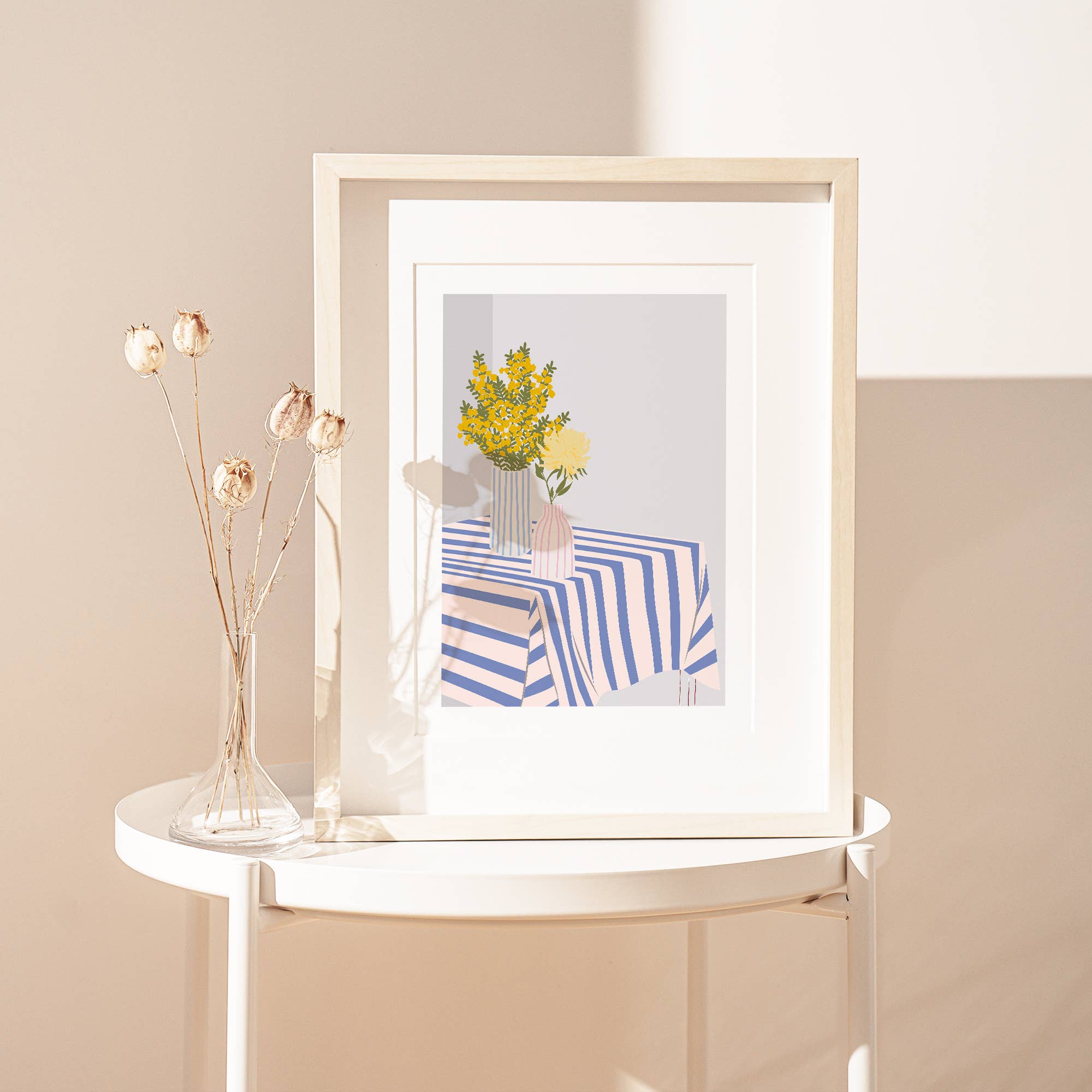 Cheerful yellow flowers in striped vases add modern charm to your space! This bold, colorful print brings a bright, happy vibe to any room