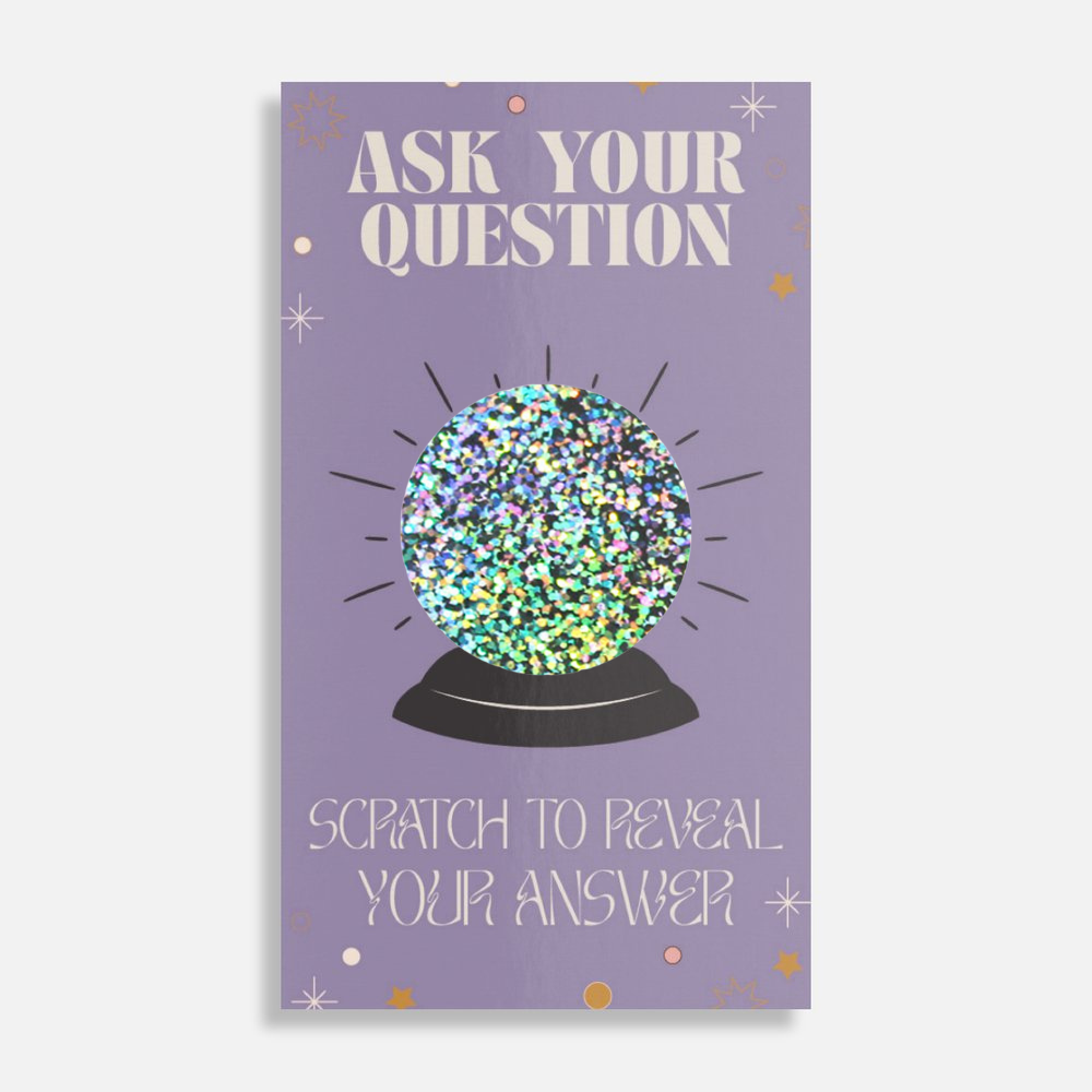 Greeting card with a glittery crystal ball and text on a purple background