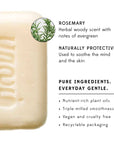 A great way to start your day! Along with its natural deodorizing properties, the invigorating scent of rosemary is known to energize and enhance mental clarity, making this soap an excellent choice for your morning shower. Gentle enough to use daily, non-drying and a natural way help promote a healthy, more youthful glow. Handcrafted in India by the master soap makers of Palam Rural where one bar of soap sends one child to school for one day.&nbsp;