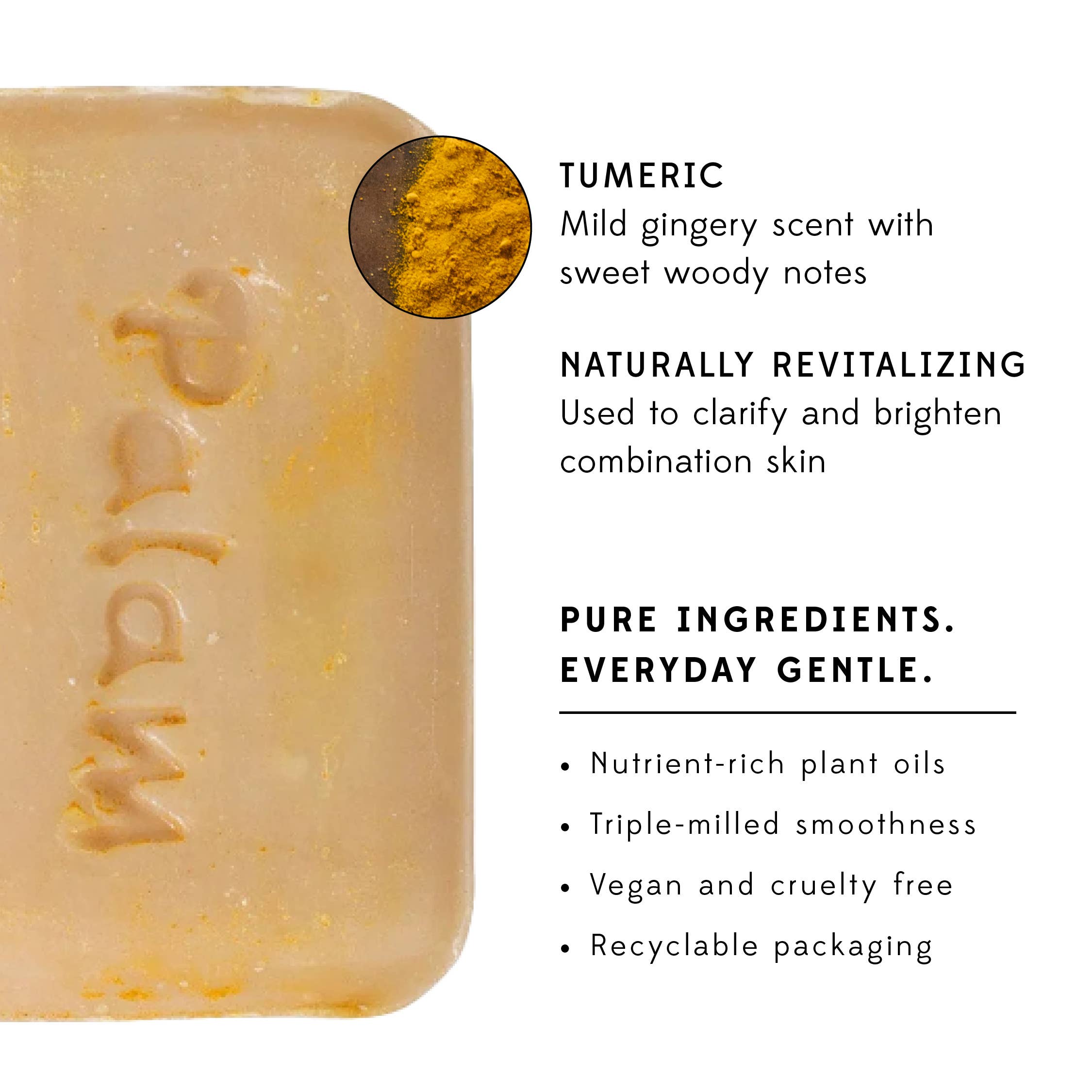 Calm your skin and your mind as you wrap yourself in the mild ginger and woodsy scent of this turmeric soap! A natural anti-inflammatory and antioxidant with antibacterial properties, turmeric soothes irritated skin and helps create a more even complexion. The perfect addition to your skincare routine both morning and night! Handcrafted in India by the master soap makers of Palam Rural where one bar of soap sends one child to school for one day.