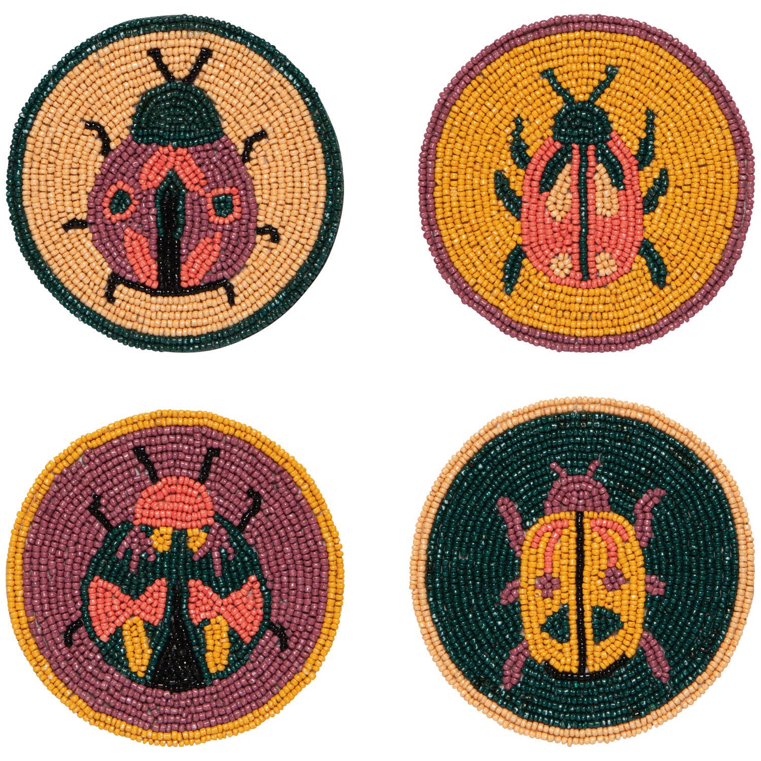 Set of 4 beaded coasters featuring unique beetle designs from Danica Studio’s Amulet collection. Made with glass beads and durable fabric for everyday use.