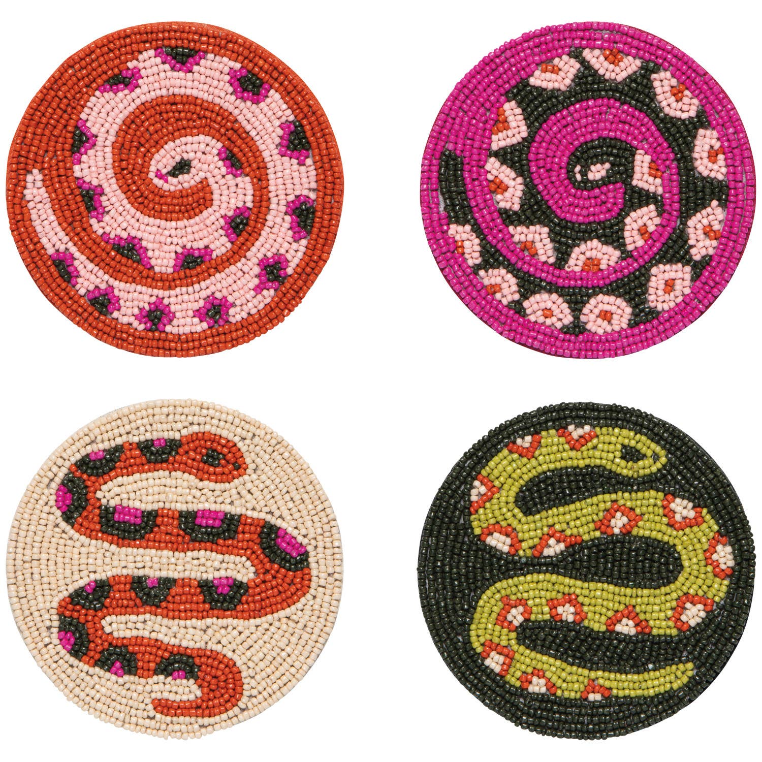 Set of 4 beaded coasters from Danica Studio’s Gardenland collection featuring bold snakes in earthy greens with pops of pink and red. Durable and eye-catching.