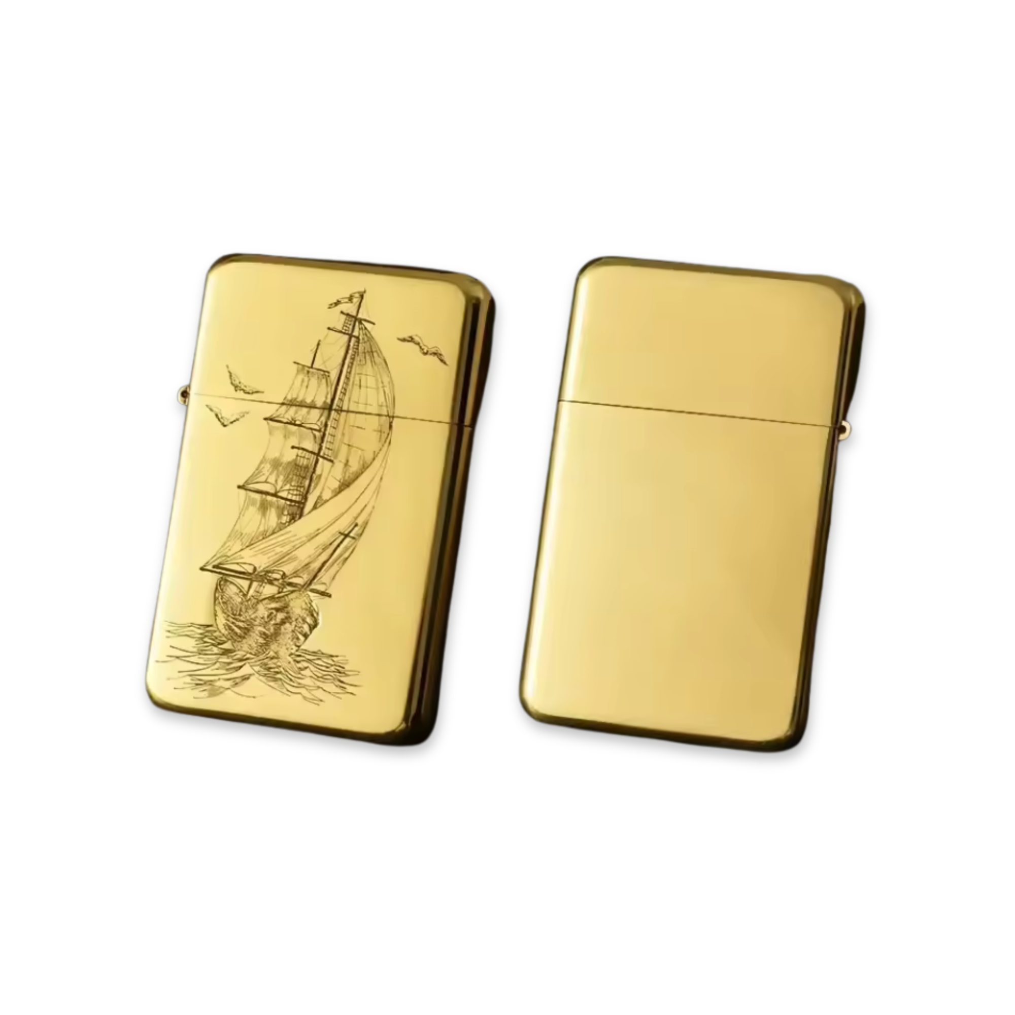 Gold lighter with ship engraving on a white background