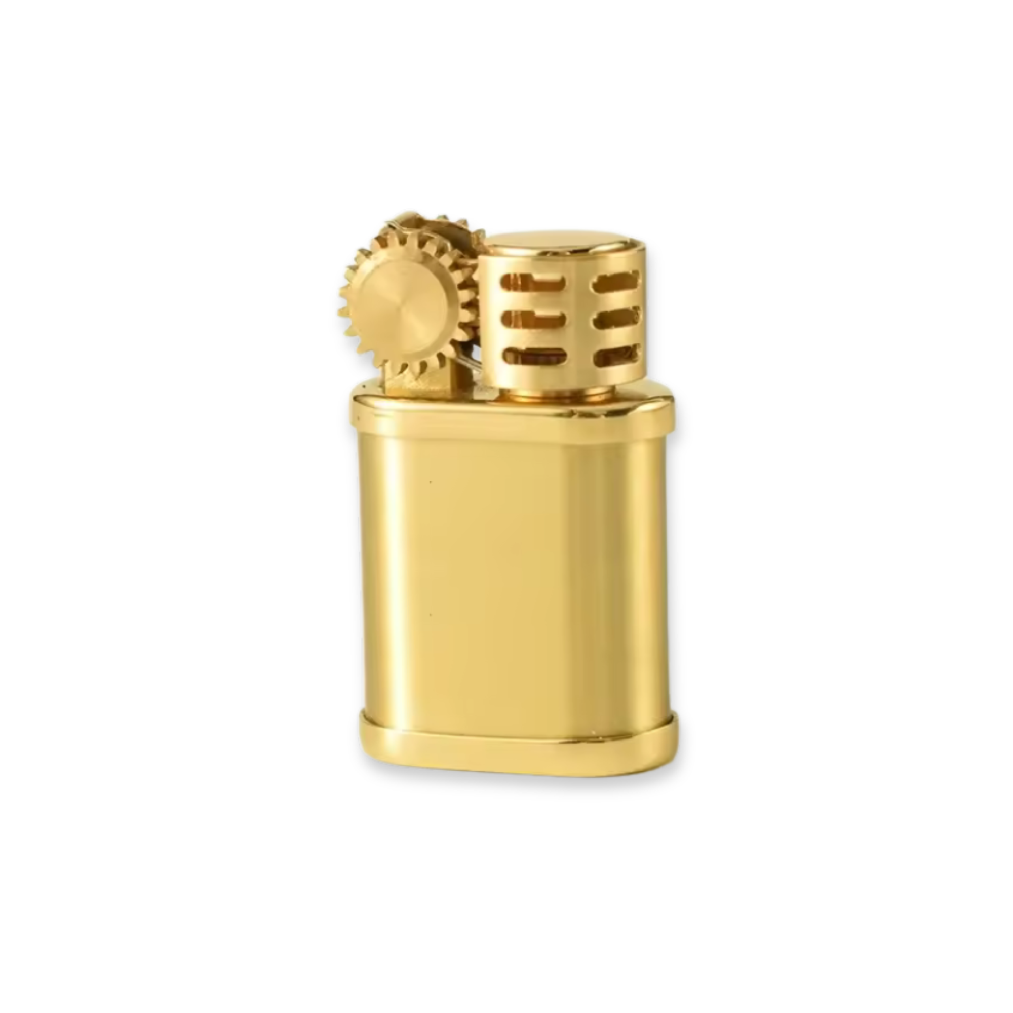 Gold lighter with intricate design on a white background