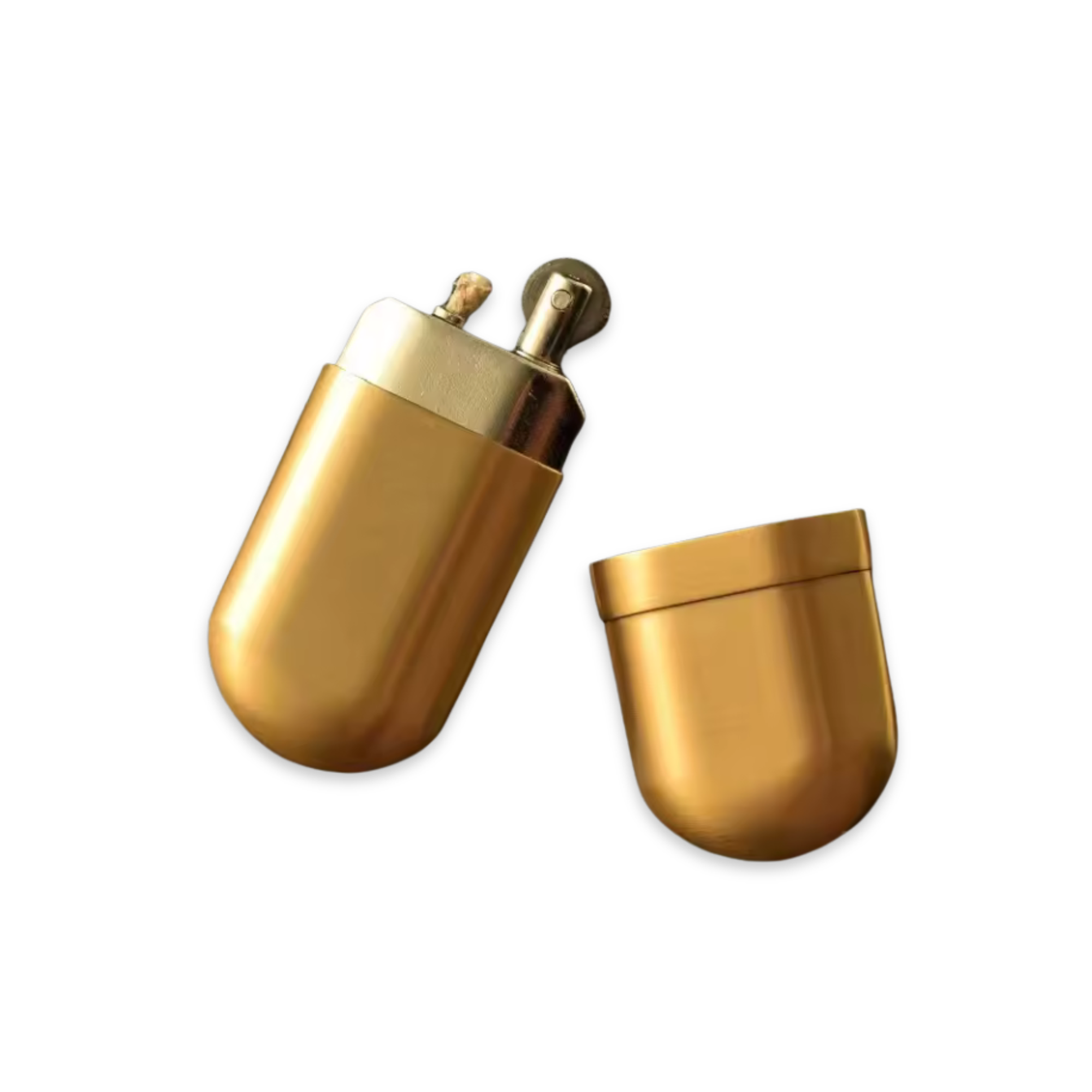Slim, smooth, and pocket-perfect — this brushed brass kerosene lighter has a satisfying pill-shaped silhouette that slips effortlessly into any pocket. The fitted cap keeps it protected, while the grinding wheel ignition delivers a reliable flame every time. Refillable with standard lighter fluid, this minimalist pocket lighter is as practical as it is good looking.