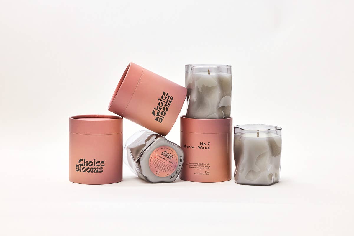 Collection of candles and candle containers with 'Choice Blooms' branding on a white background