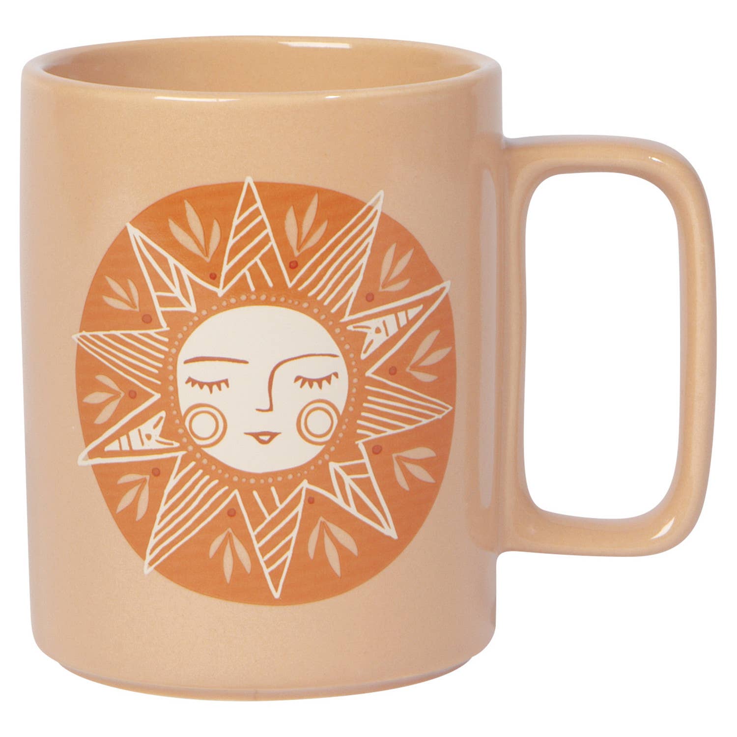 Beige mug with a sun design featuring a face on a white background